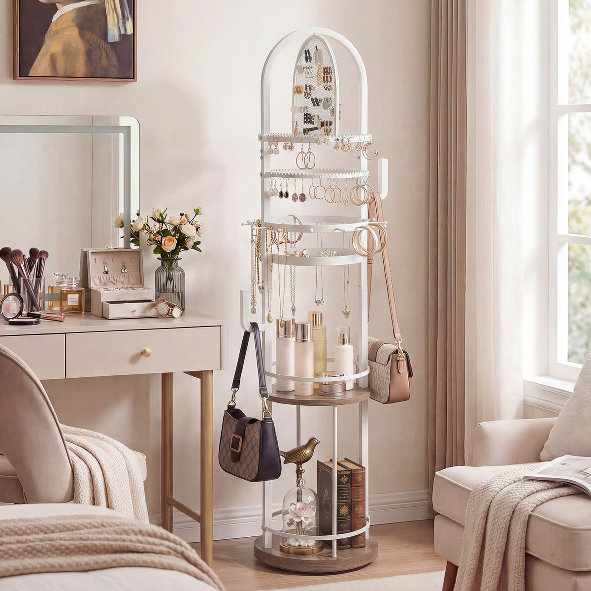 Jewelry Organizer Stand 360° Rotating Floor Jewelry Storage Rack with Earring Necklace Holders-Gray