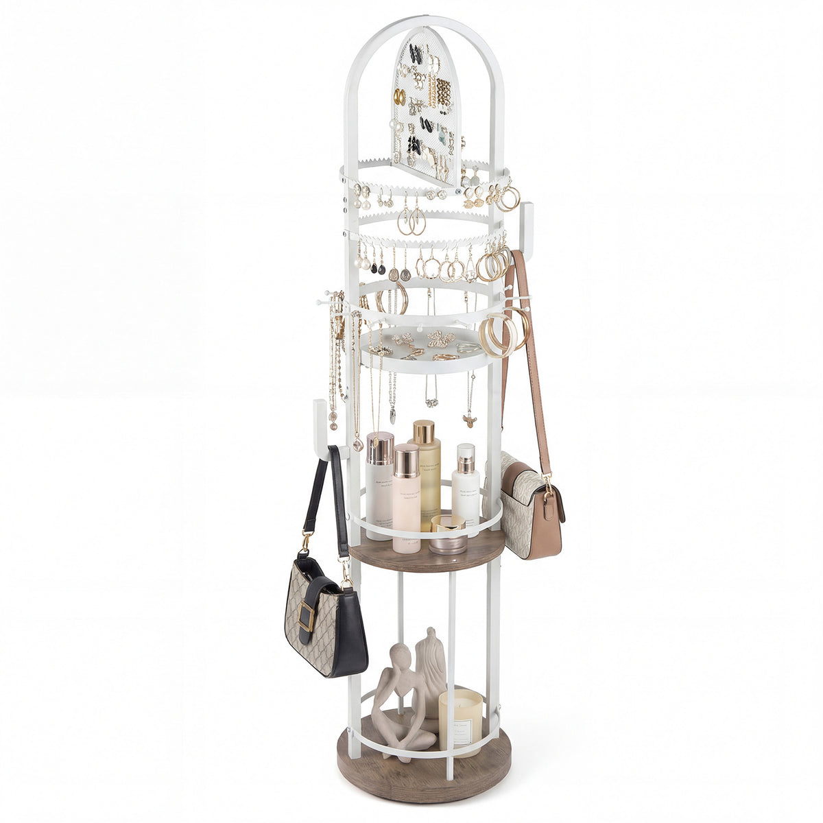 Jewelry Organizer Stand 360° Rotating Floor Jewelry Storage Rack with Earring Necklace Holders-Gray