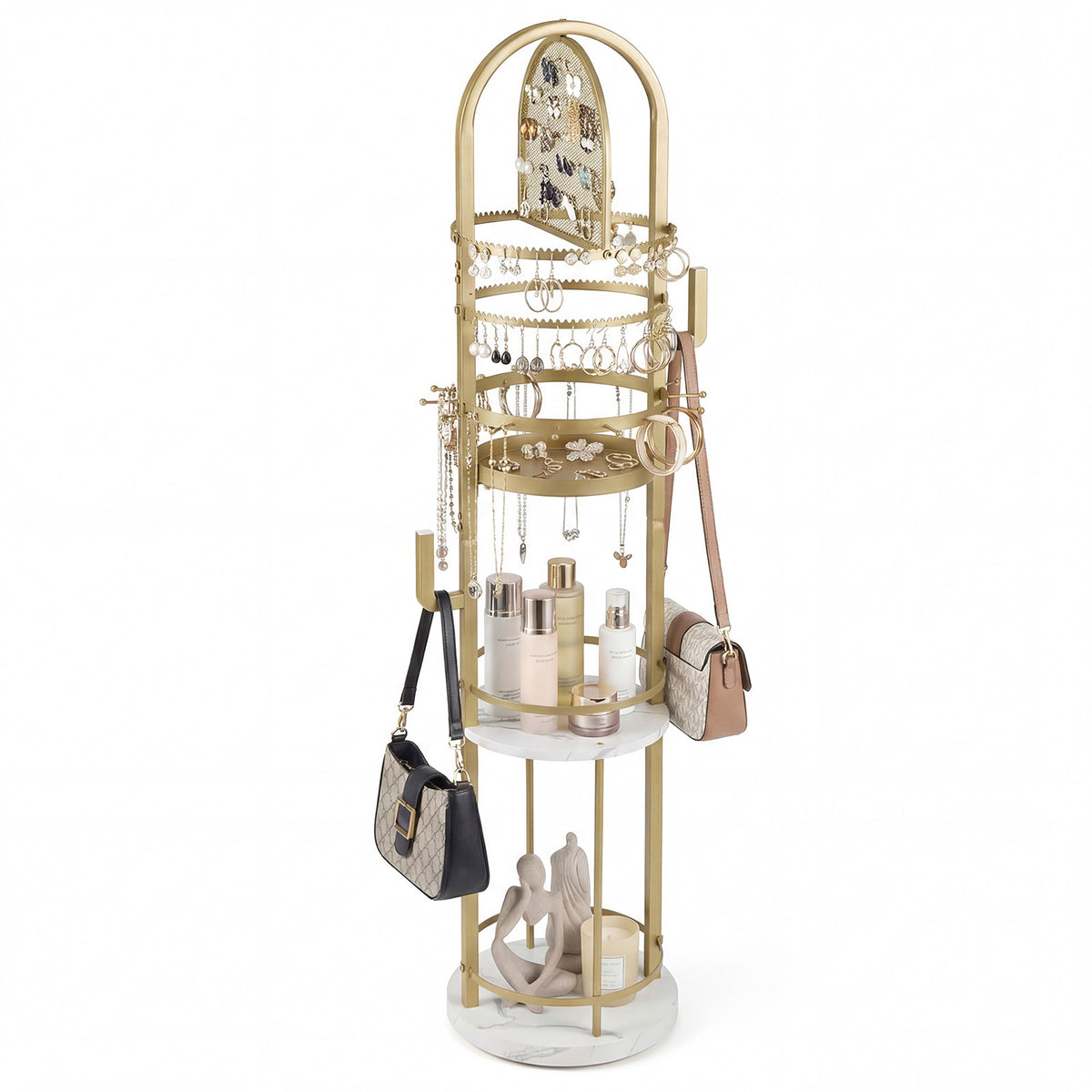 Jewelry Organizer Stand 360° Rotating Floor Jewelry Storage Rack with Earring Necklace Holders-White and Golden