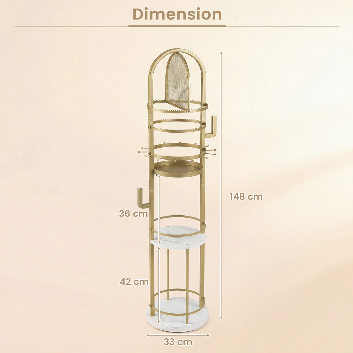 Jewelry Organizer Stand 360° Rotating Floor Jewelry Storage Rack with Earring Necklace Holders-White and Golden