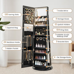360-Degree Mirrored Jewelry Armoire with 3-Color Auto-on LED Lights-Black