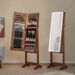 Standing Jewelry Cabinet with LED Lights Lipstick Box and 2 Drawers-Walnut