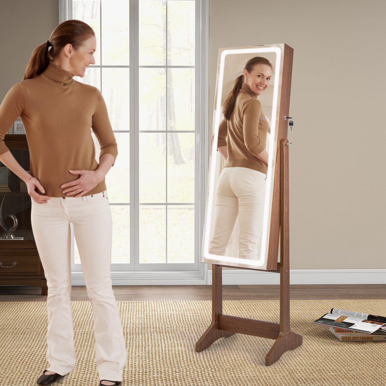 Standing Jewelry Cabinet with LED Lights Lipstick Box and 2 Drawers-Walnut