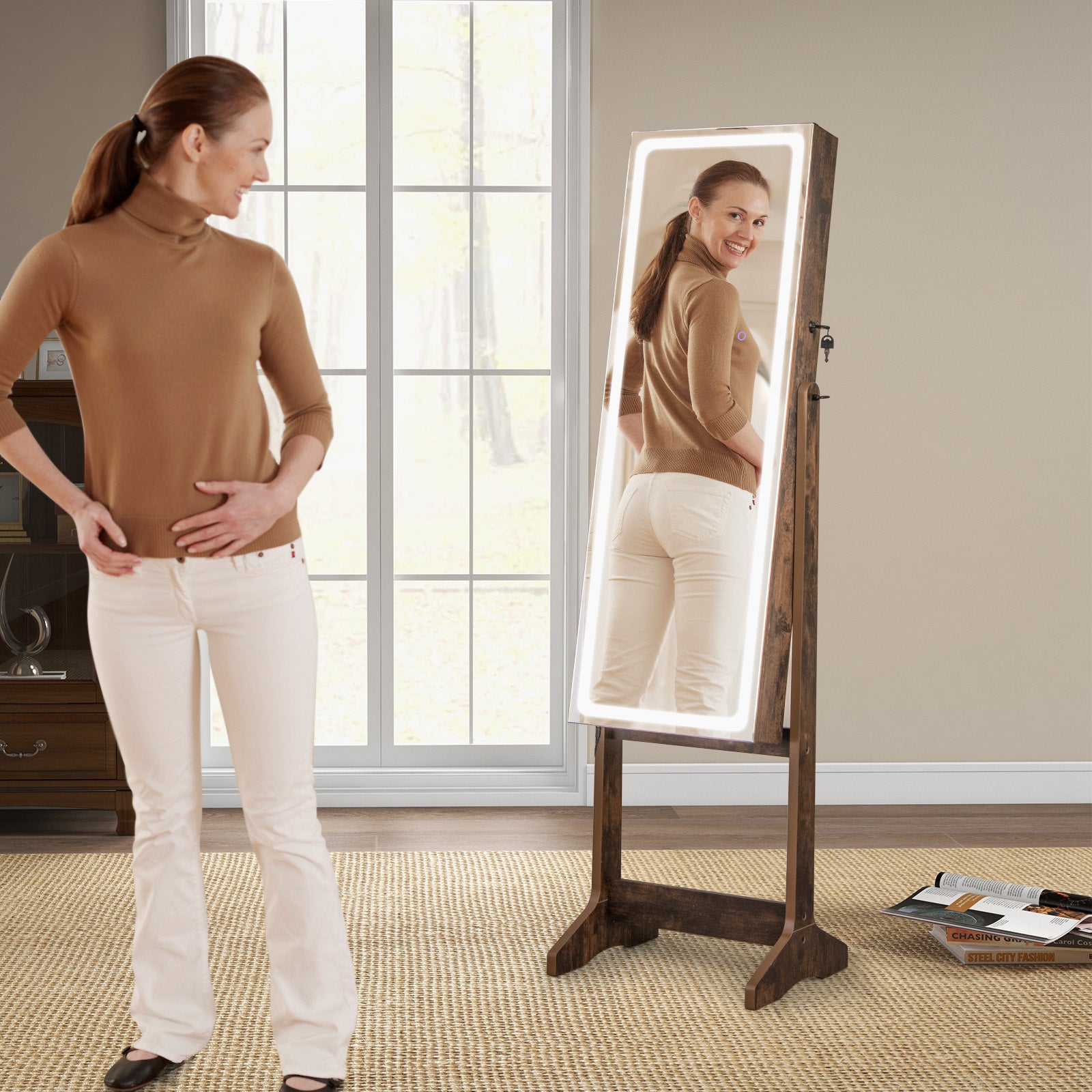 Standing Jewelry Cabinet with LED Lights Lipstick Box and 2 Drawers-Rustic Brown