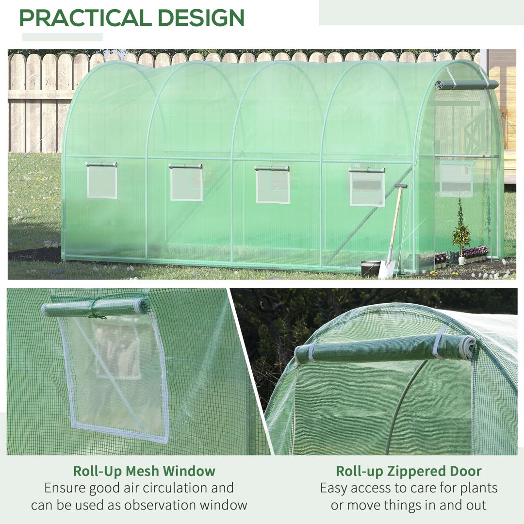 Outsunny Walk-in Polytunnel Greenhouse, Outdoor Garden Tunnel Greenhouse Tent with Zipped Roll-Up Door and 8 Mesh Windows, 4 x 2M