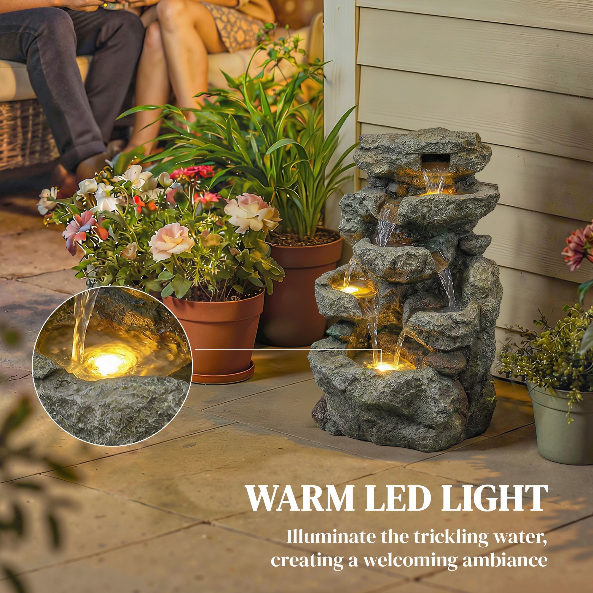 Outsunny Outdoor Fountain with 6-Tier Rock Design, Waterfall Feature with LED Lights, Resin Freestanding Garden Fountain, Grey