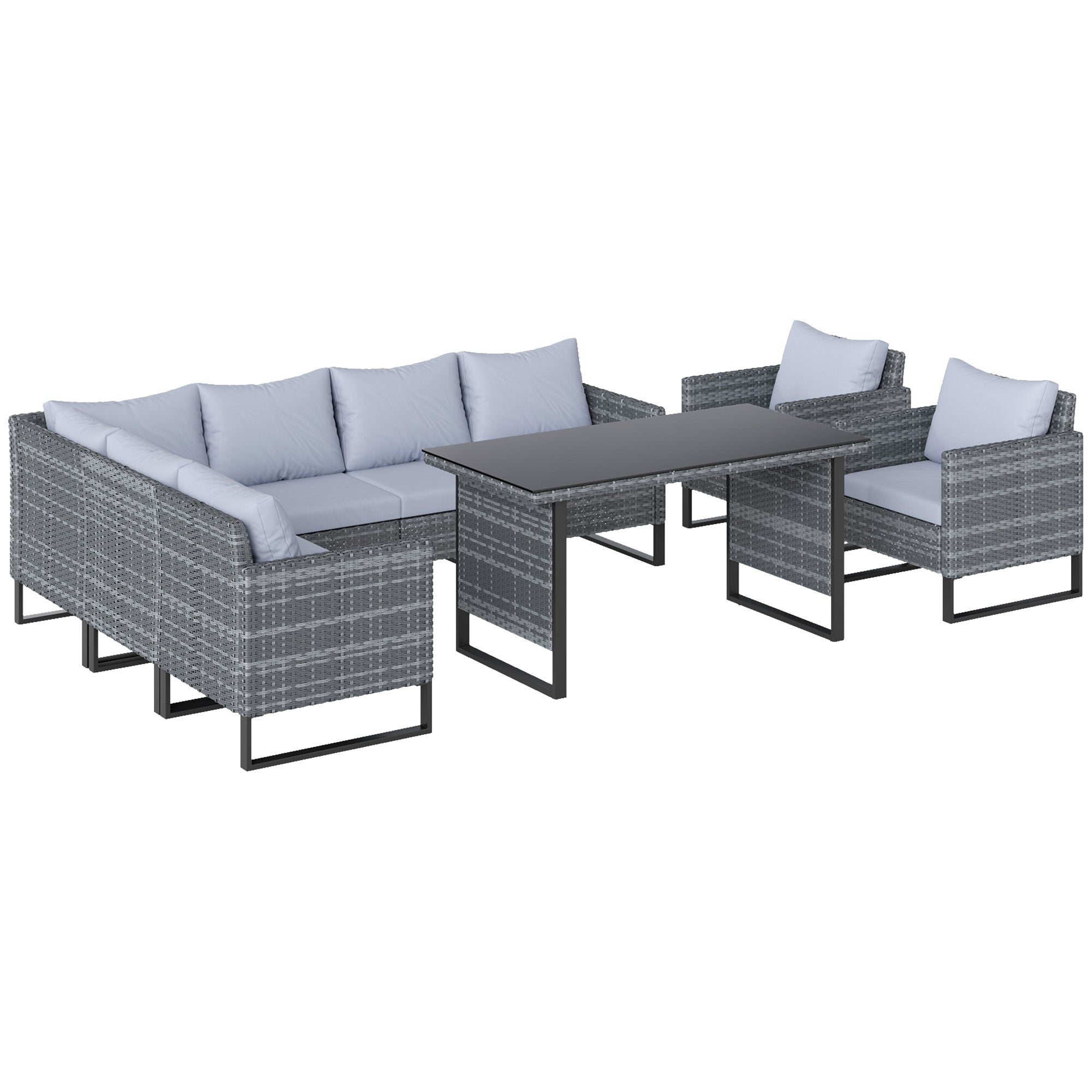 Outsunny 9 Piece Rattan Garden Furniture Set, 8 Seater Garden Corner Sofa with Cushions and Glass Top Table, Sectional Outdoor Furniture Conservatory Set for Patio, Light Grey