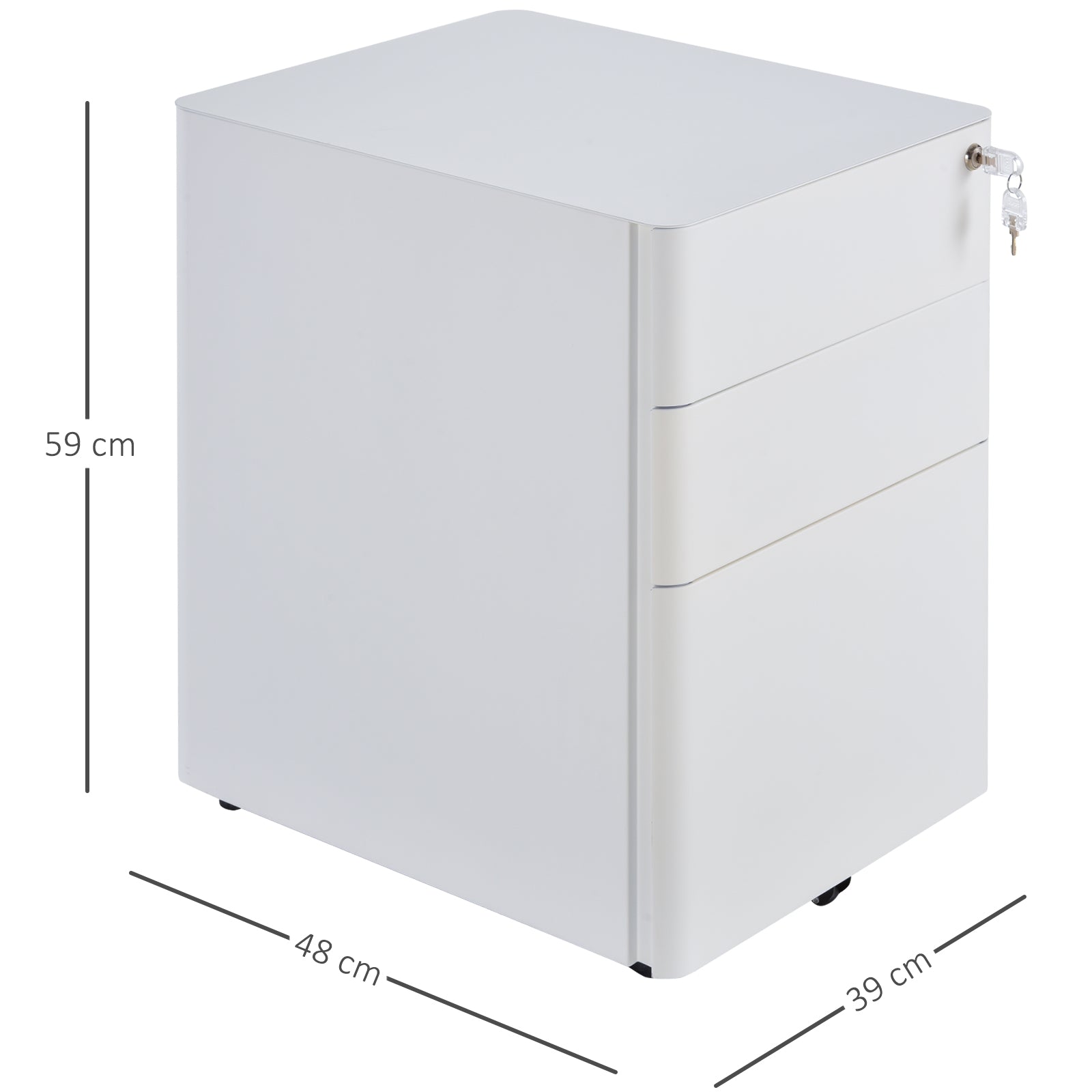 Vinsetto Lockable Cabinet, Rolling Filing Cabinet with 3 Drawers, Steel Office Drawer Unit for A4, Letter, Legal Sized Files-White