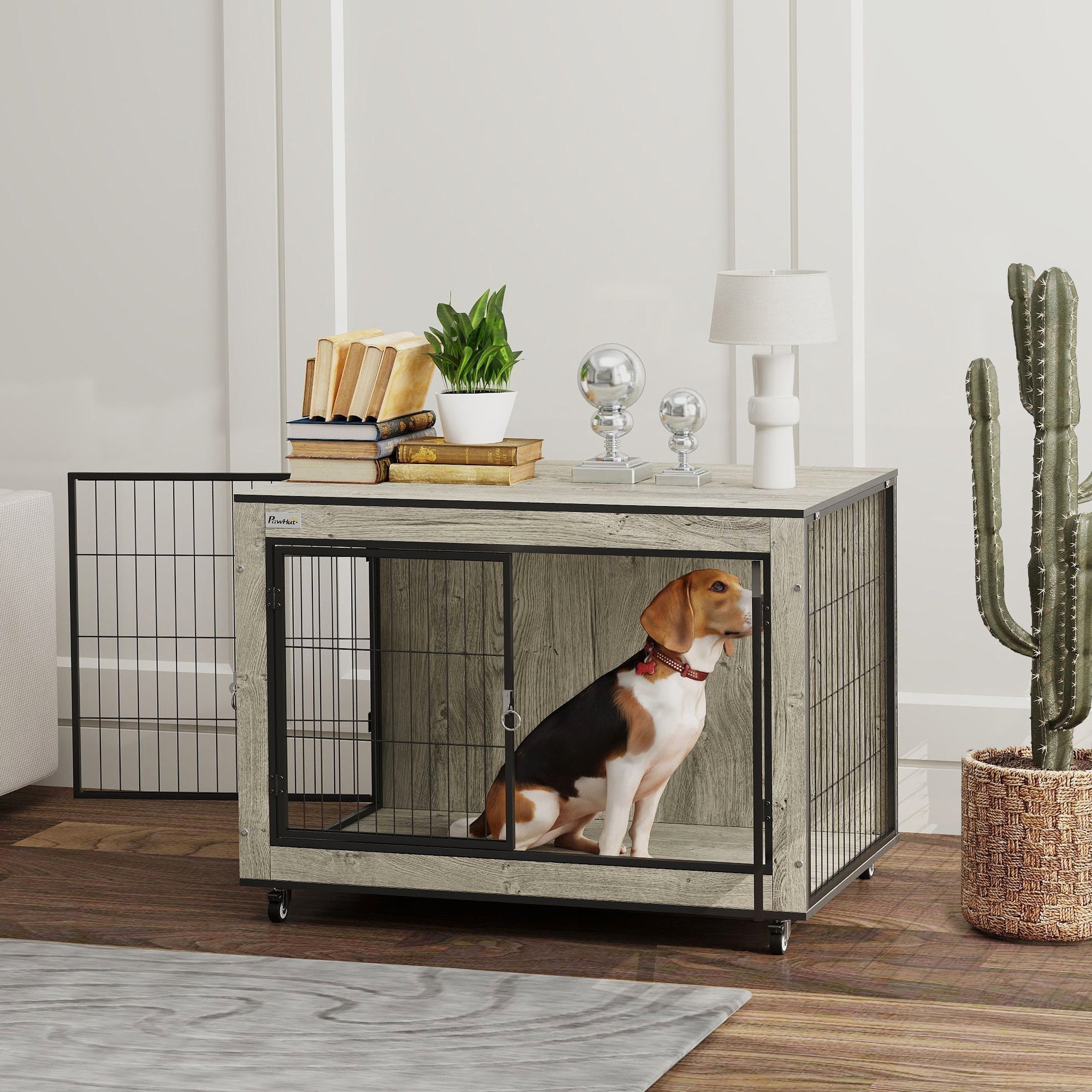 PawHut Dog Crate Furniture with Wheels, Double Doors, for Medium Dogs, Grey