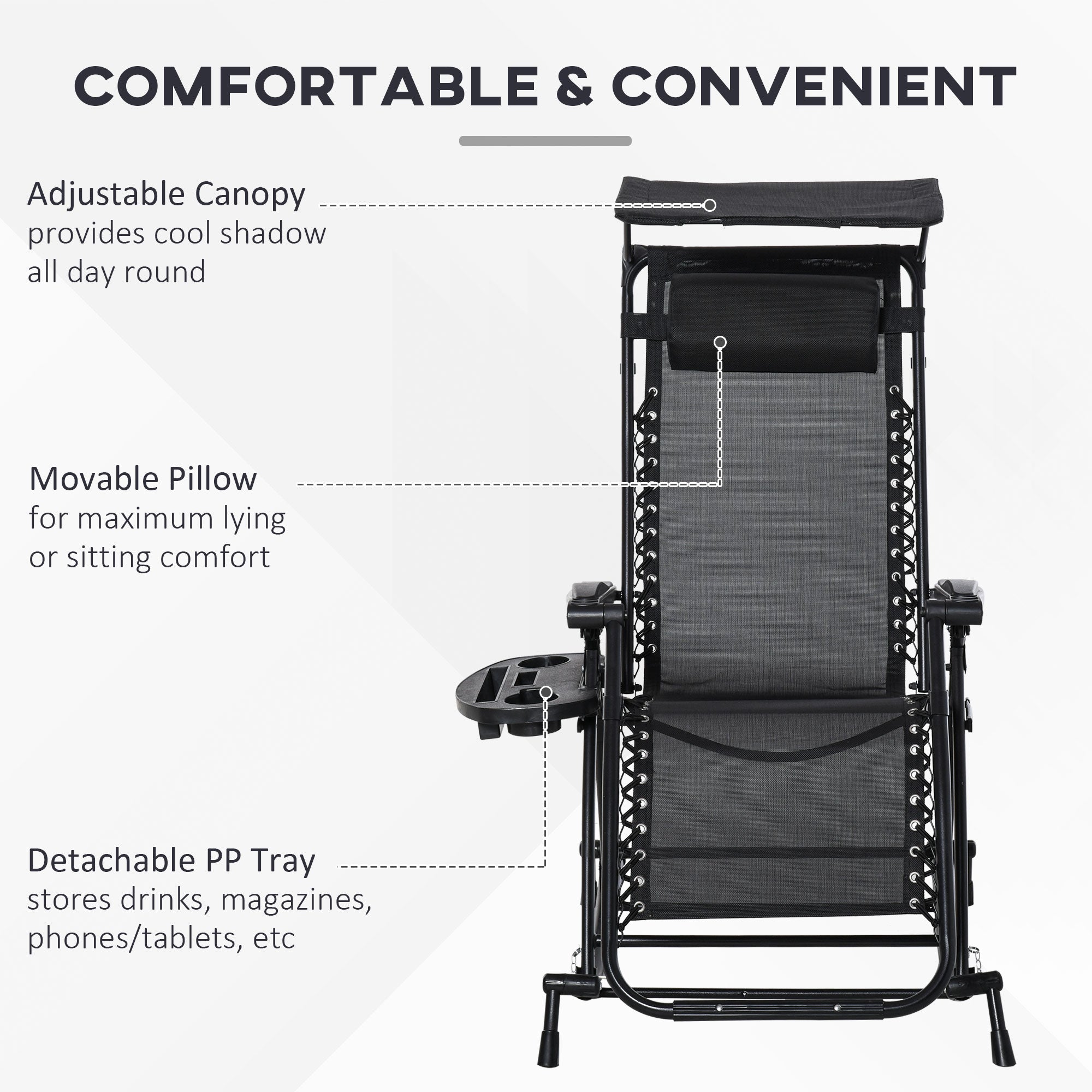 Outsunny Garden Rocking Chair Folding Recliner Outdoor Adjustable Sun Lounger Rocker Zero-Gravity Seat with Headrest Side Holder Patio Deck - Black