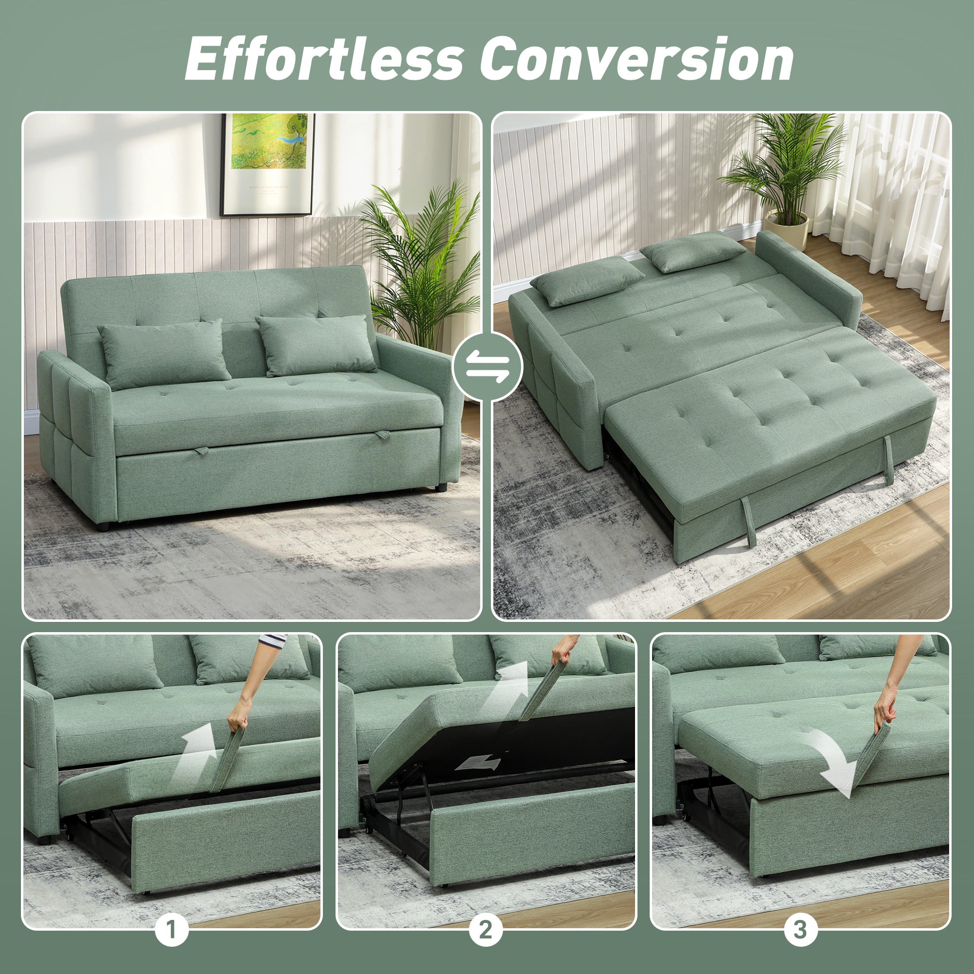 HOMCOM Three-Way Two-Seater Sofa Bed - Green