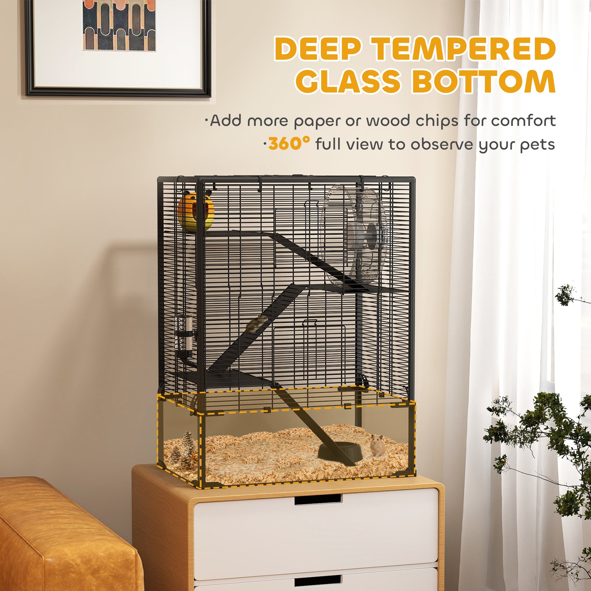 PawHut Four-Tier Hamster Cage with Deep Tempered Glass Bottom, Hut, Running Wheel, Food Dish, Water Bottle, 60 x 40 x 80cm