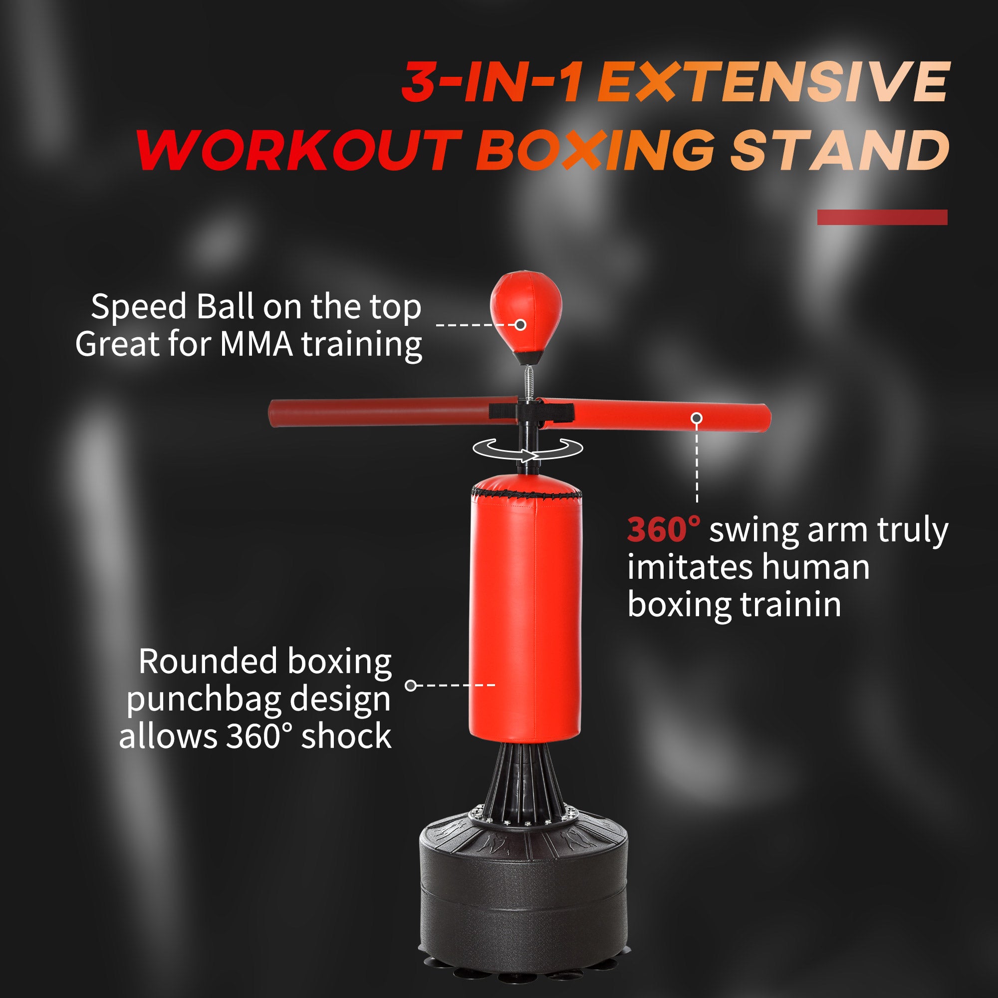 HOMCOM 155-205cm 3-IN-1 Freestanding Boxing Punching Bag Stand, Boxing Speed Trainer with Rotating Flexible Arm, Speed Ball, Fillable Base, Red
