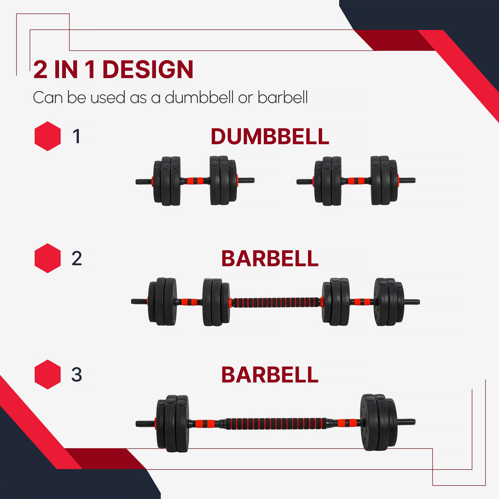 HOMCOM 25kg 2 IN 1 Adjustable Dumbbells Weight Set, Dumbbell Hand Weight Barbell for Body Fitness, Lifting Training for Home, Office, Gym, Black