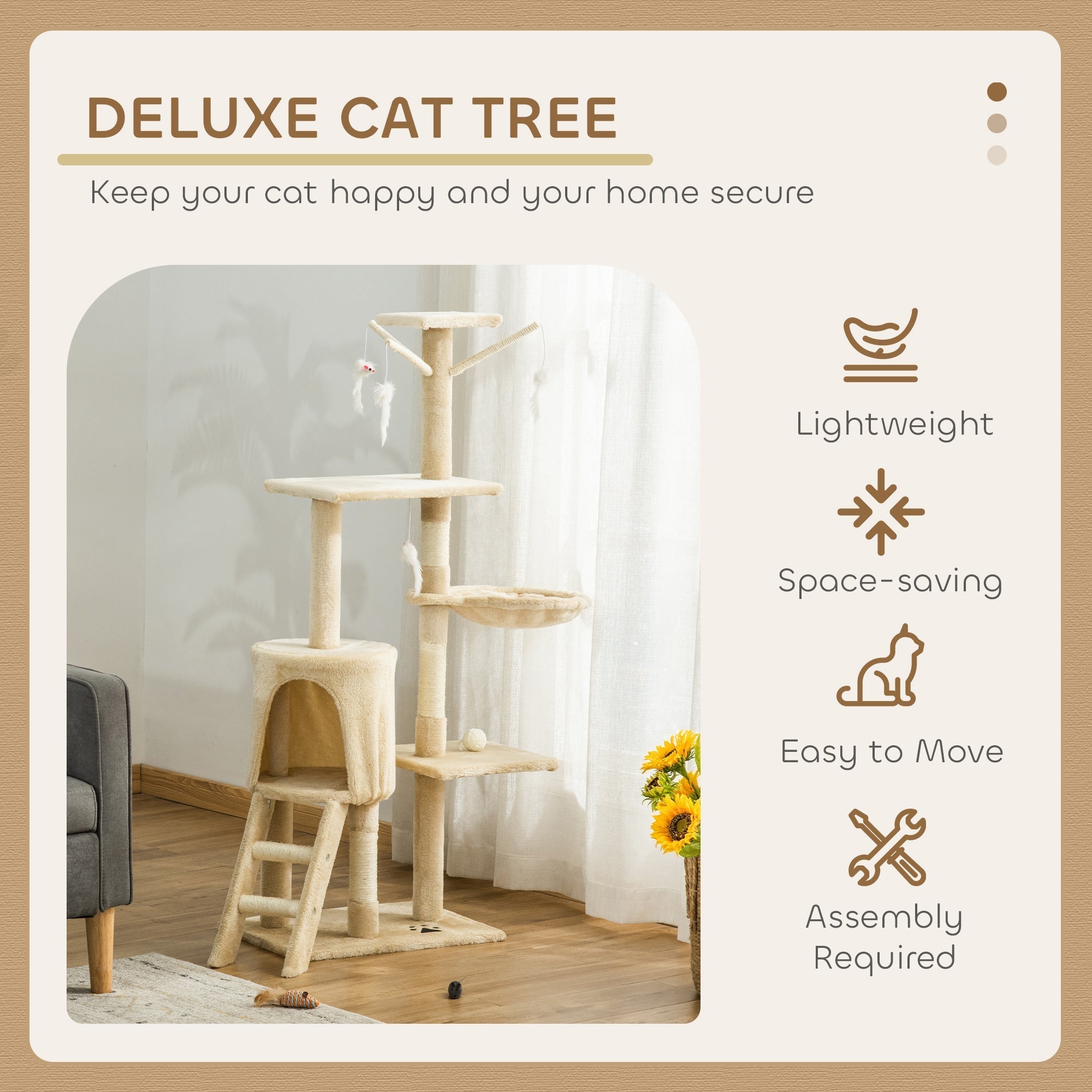 PawHut Multi-Level Cat Tree with Scratching Post, Ladder, Cat House, Beige