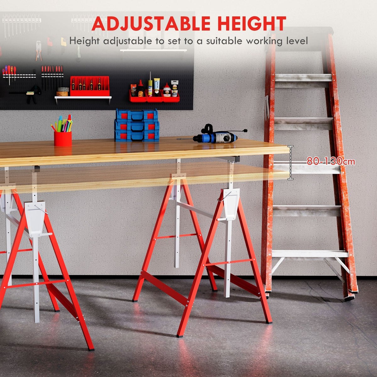 HOMCOM Set of 2 Adjustable Telescopic Builders Trestle, DIY Steel Work Bench Carpenter, Folding Saw Horse Tools Red
