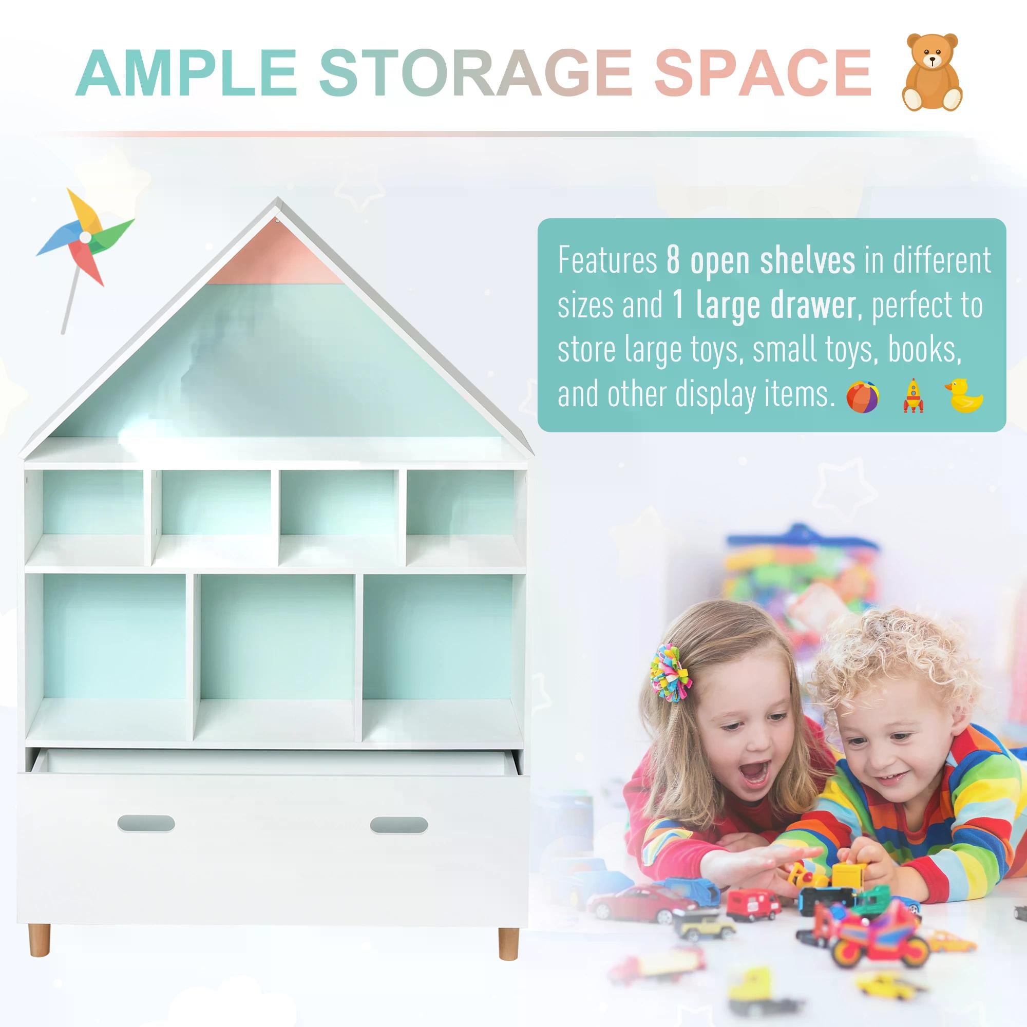 HOMCOM Kids House-Designed Bookshelf, with Drawer √¢‚Ç¨‚Äú Blue & White