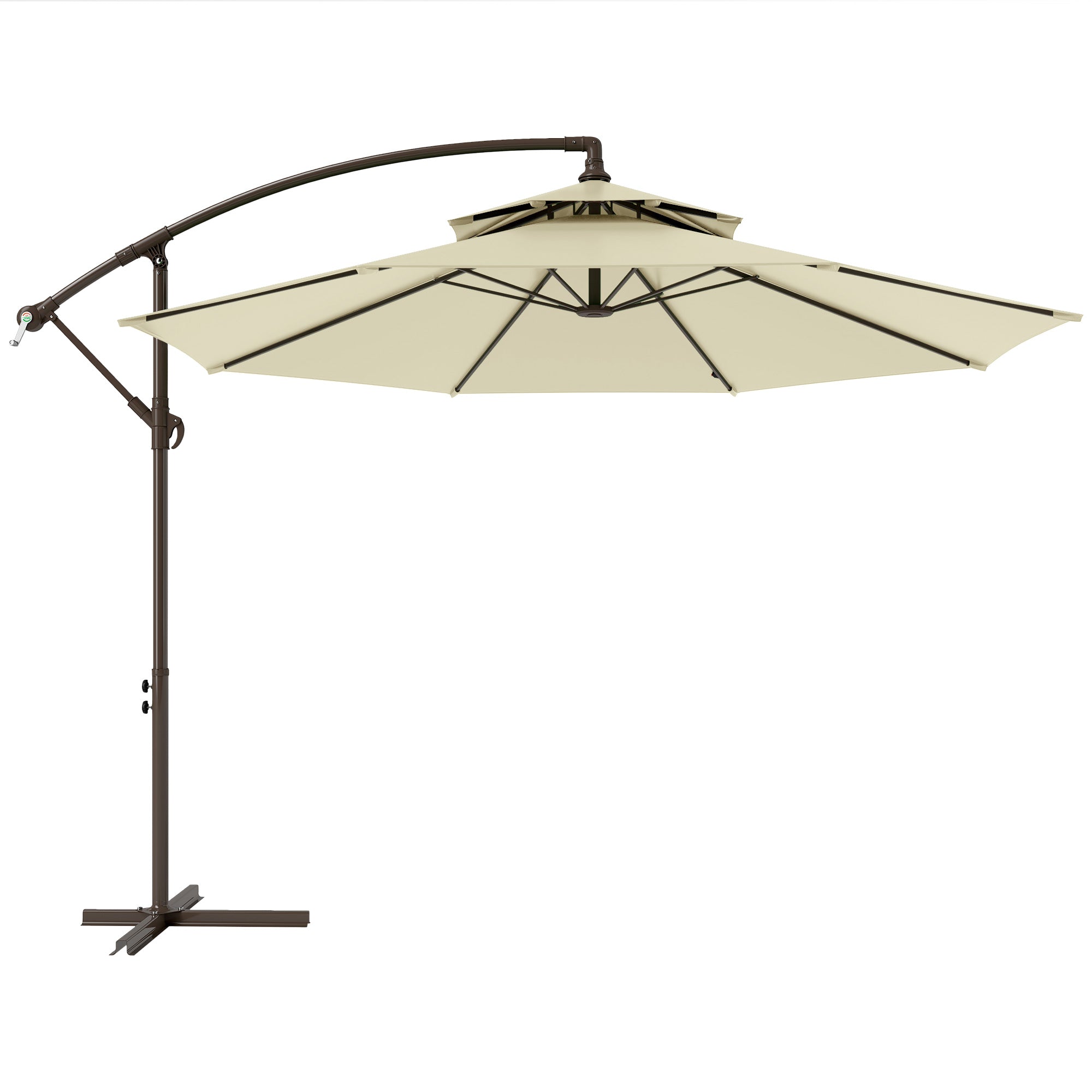 Outsunny 2.7m Garden Banana Parasol Cantilever Umbrella with Crank Handle, Double Tier Canopy and Cross Base for Outdoor, Hanging Sun Shade, Beige