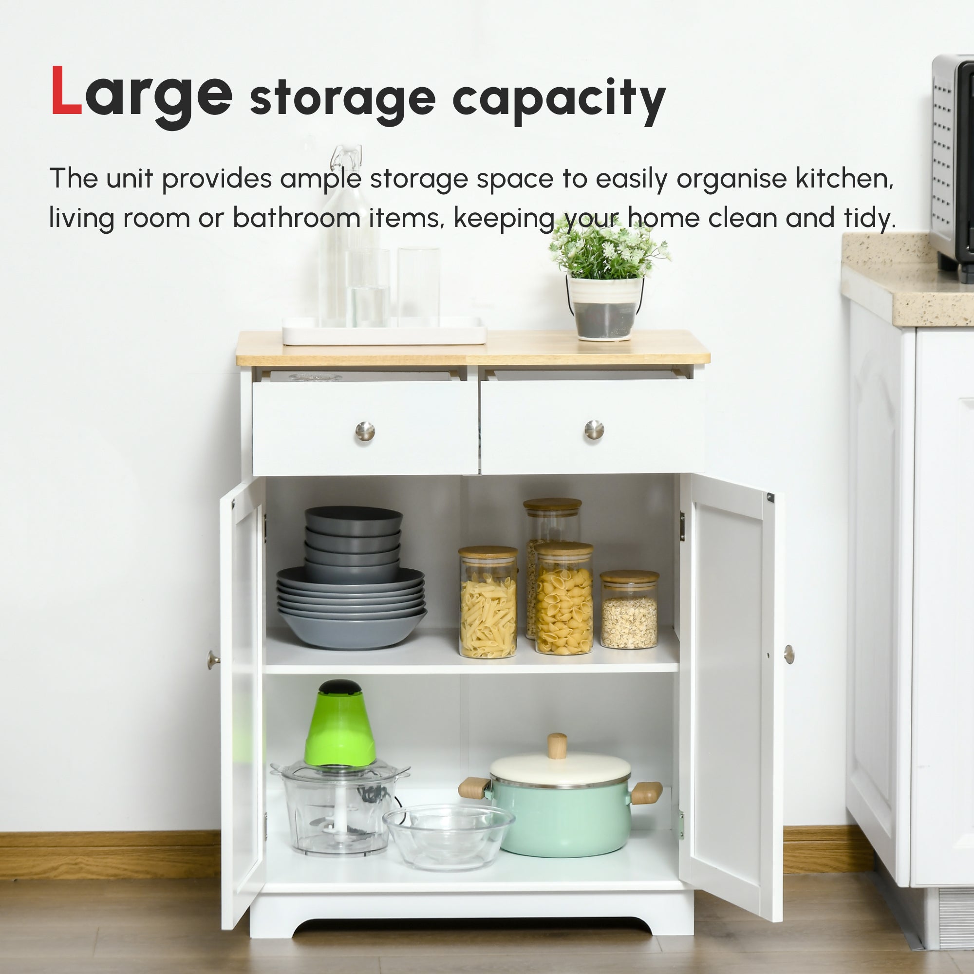 HOMCOM Kitchen Floor Cabinet Side Storage Cupboard Multi-use Sideboard Table with Solid Wood Top, Adjustable Shelf,Drawer for Dining Room, Living Room,Hallway