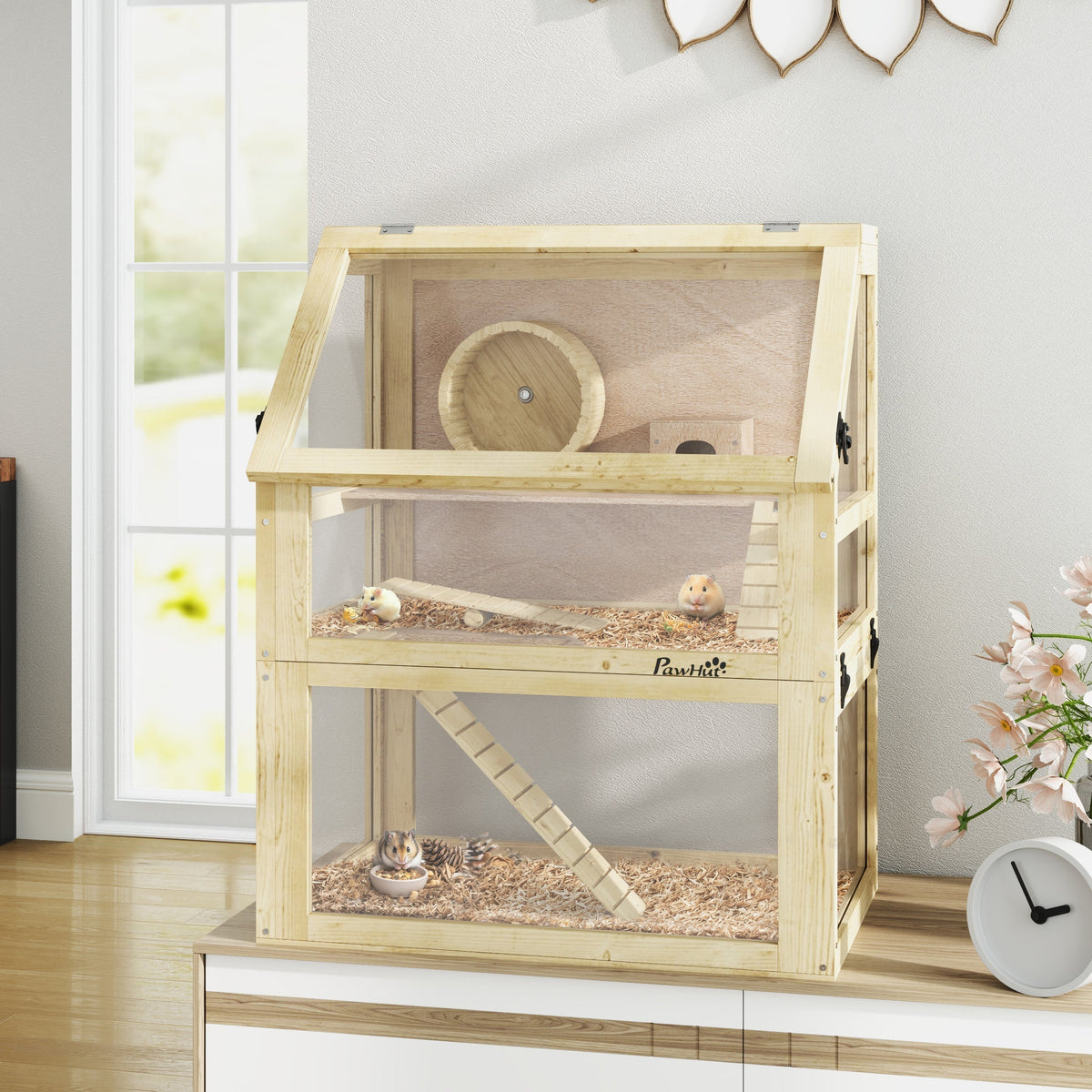 PawHut Wooden Hamster Cage with Detachable 32cm Deep Bottom, Hut, Seesaw, Exercise Wheel, Ramp, 60 x 40 x 75cm, Natural