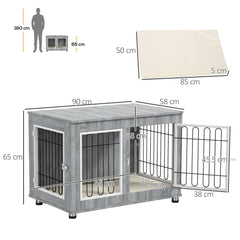 PawHut Dog Crate Furniture End Table, with Washable Cushion, Double Doors, for Medium/Large Dogs, Grey