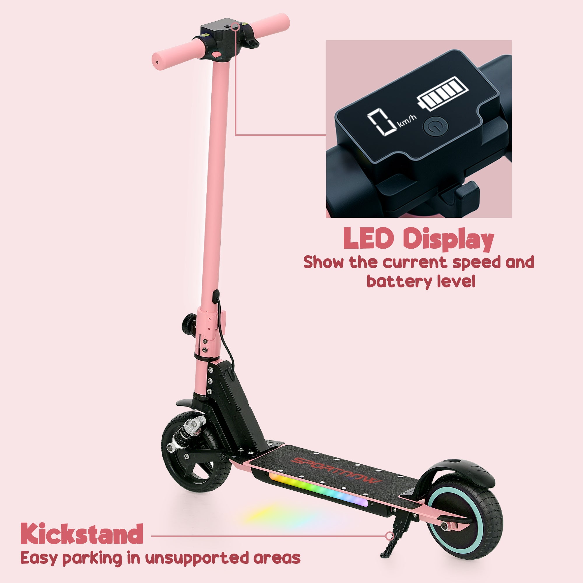 SPORTNOW Folding Electric Scooter for Kids, with Dual Brakes, Front Suspension, LED Colourful Lights, Pink