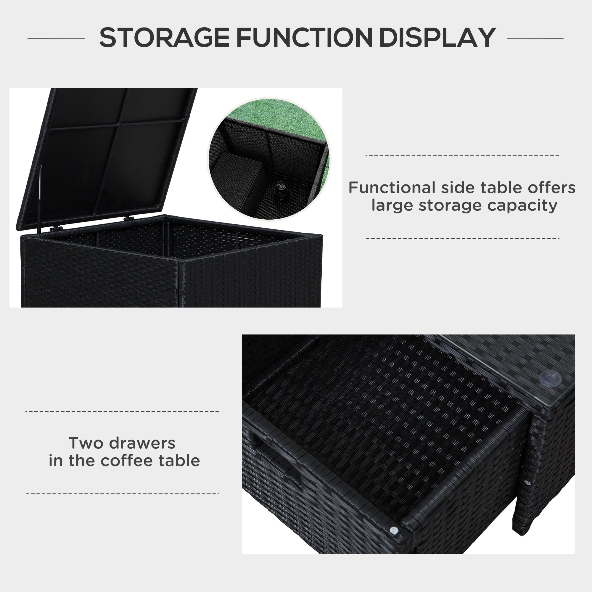 Outsunny 4 Pieces Rattan Garden Furniture Set, 4 Seater Corner Sofa Set with Storage Box, 2 Drawers Coffee Table, Loveseats with Cushions, Wicker Garden Conservatory Furniture for Balcony, Black