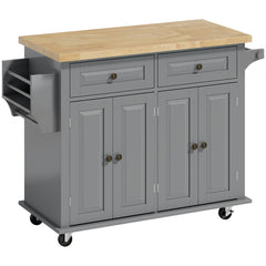 HOMCOM Rolling Kitchen Island Storage Trolley with Rubber Wood Top & Drawers for Dining Room, Grey