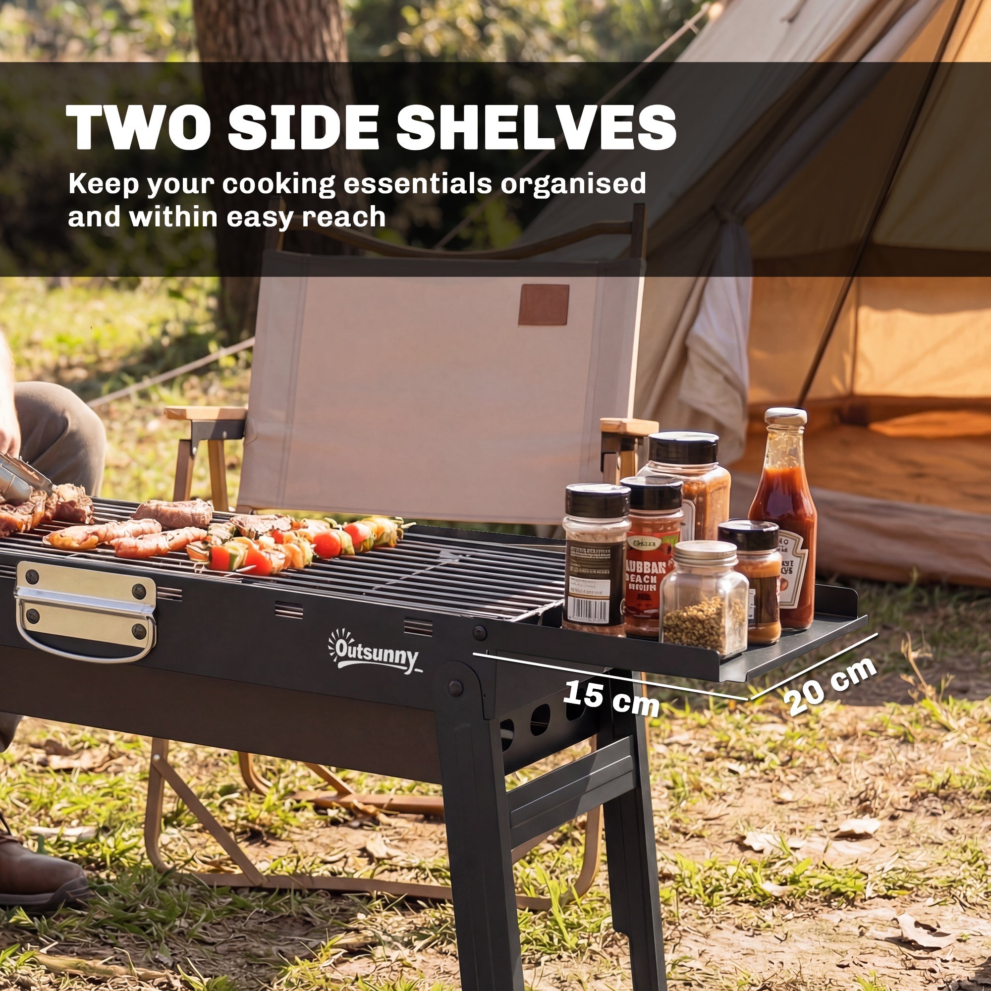 Outsunny Portable BBQ Grill, Foldable Charcoal Grill for Camping and Picnics with 2 Side Shelves and Handle, Black