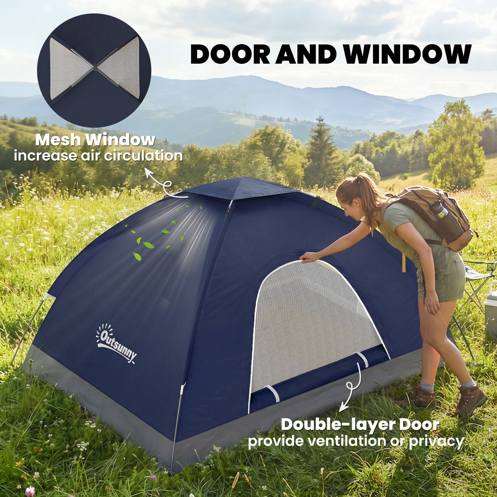 Outsunny 2 Person Camping Tent, Dome Tent with Zipped Doors, Storage Pocket, Portable Handy Bag, Navy Blue