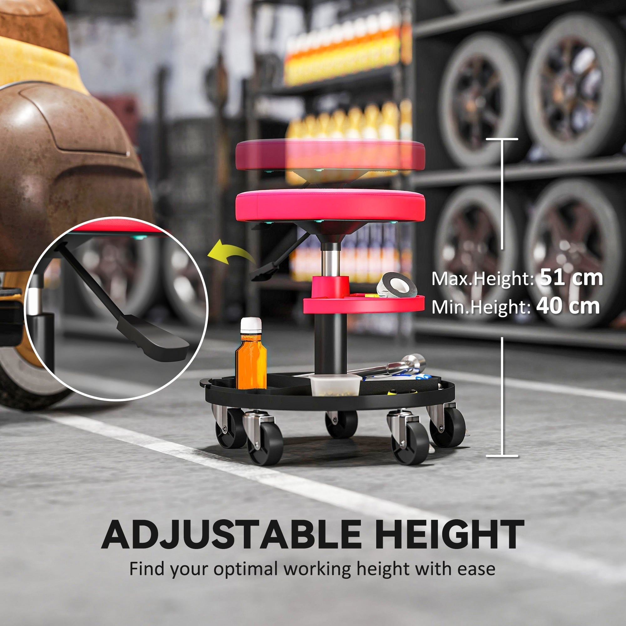 HOMCOM Rolling Mechanic Stool, 135kg Capacity Workshop Stool, 360 degrees Swivel Roller Padded Creeper Seat with Wheels, Tool Trays Storage for Garage, Shop, Auto Repair, Red