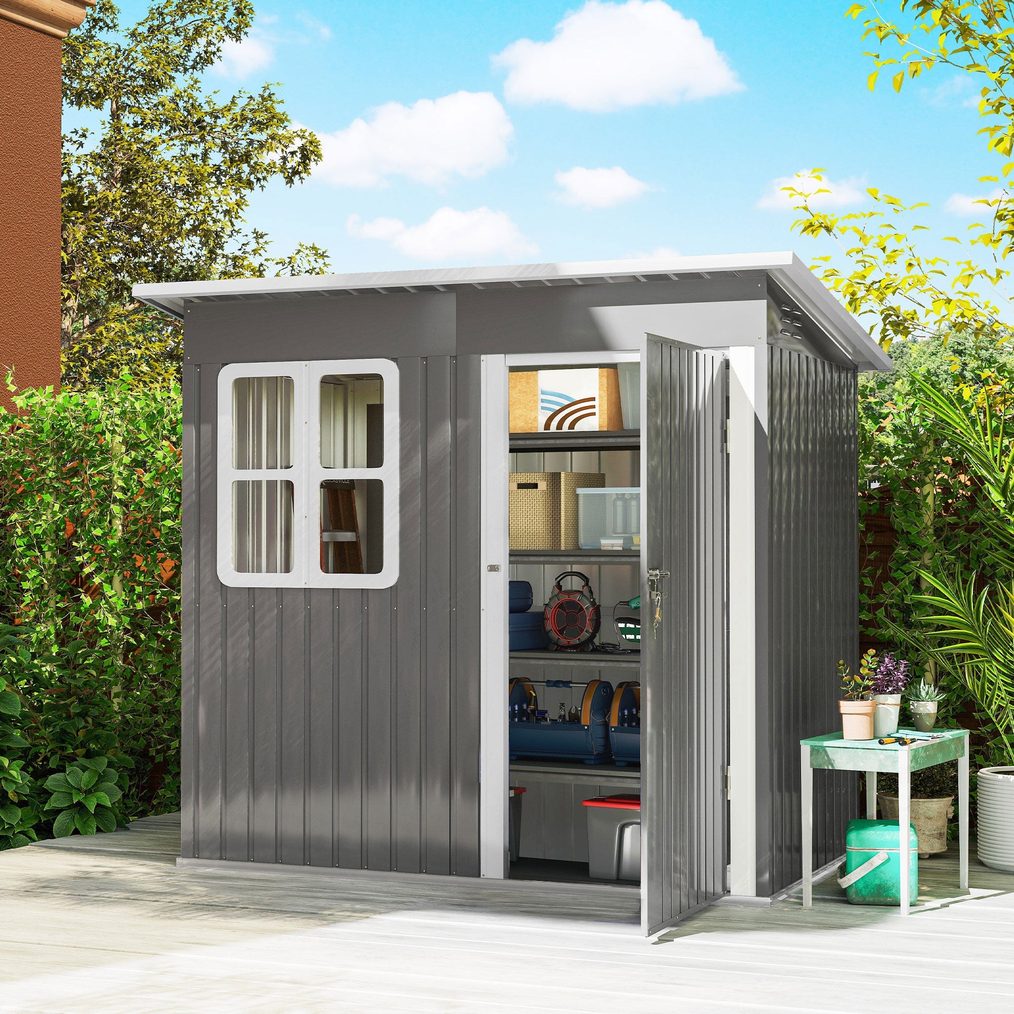 Outsunny 7 x 4ft Eco-friendly Galvanised Steel Garden Shed, with Lock and Gloves, 40kg/ã¡ Snow Capacity - Grey
