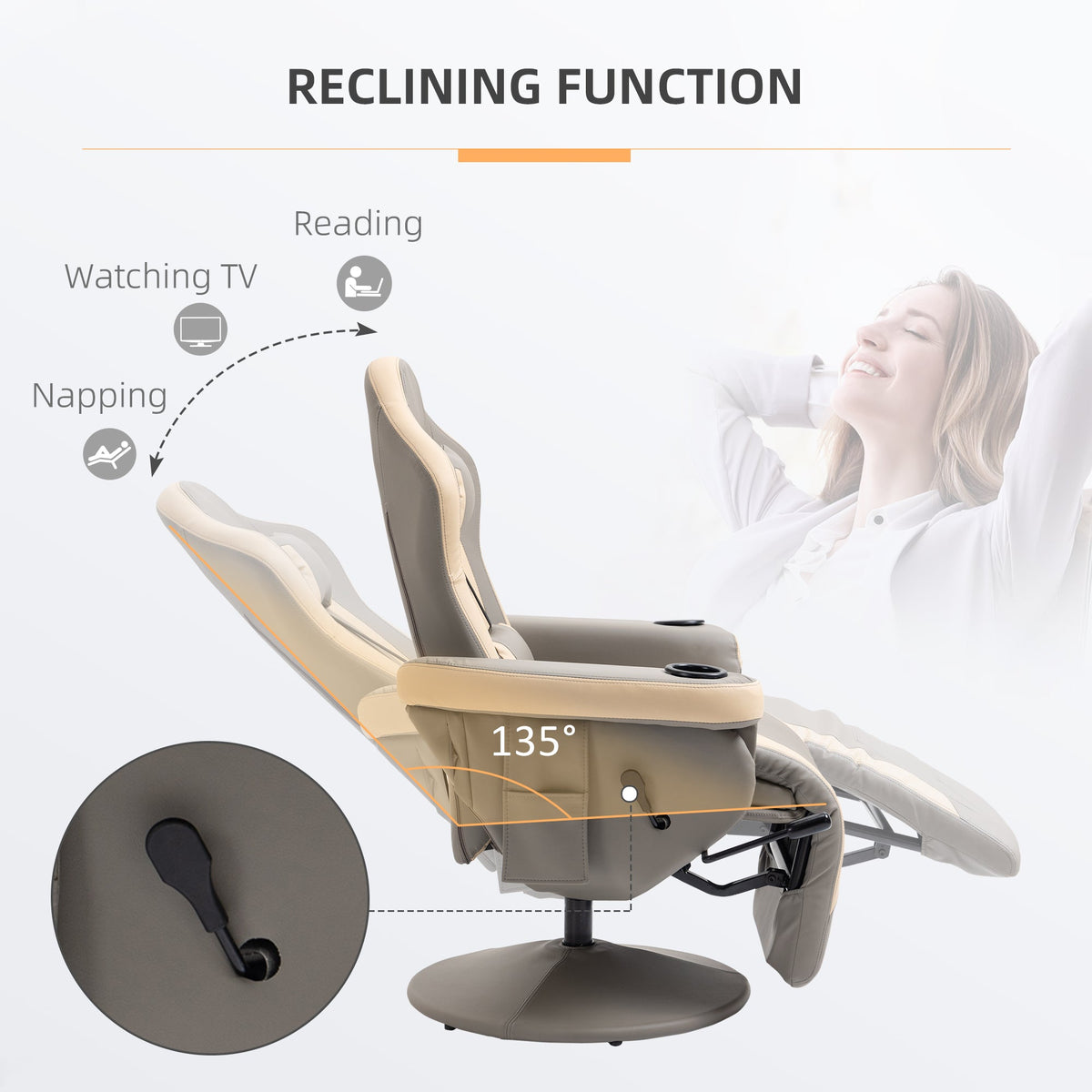 HOMCOM Manual Recliner Armchair PU Leather Lounge Chair w/ Adjustable Leg Rest, 135 Reclining Function, 360 Swivel, Grey