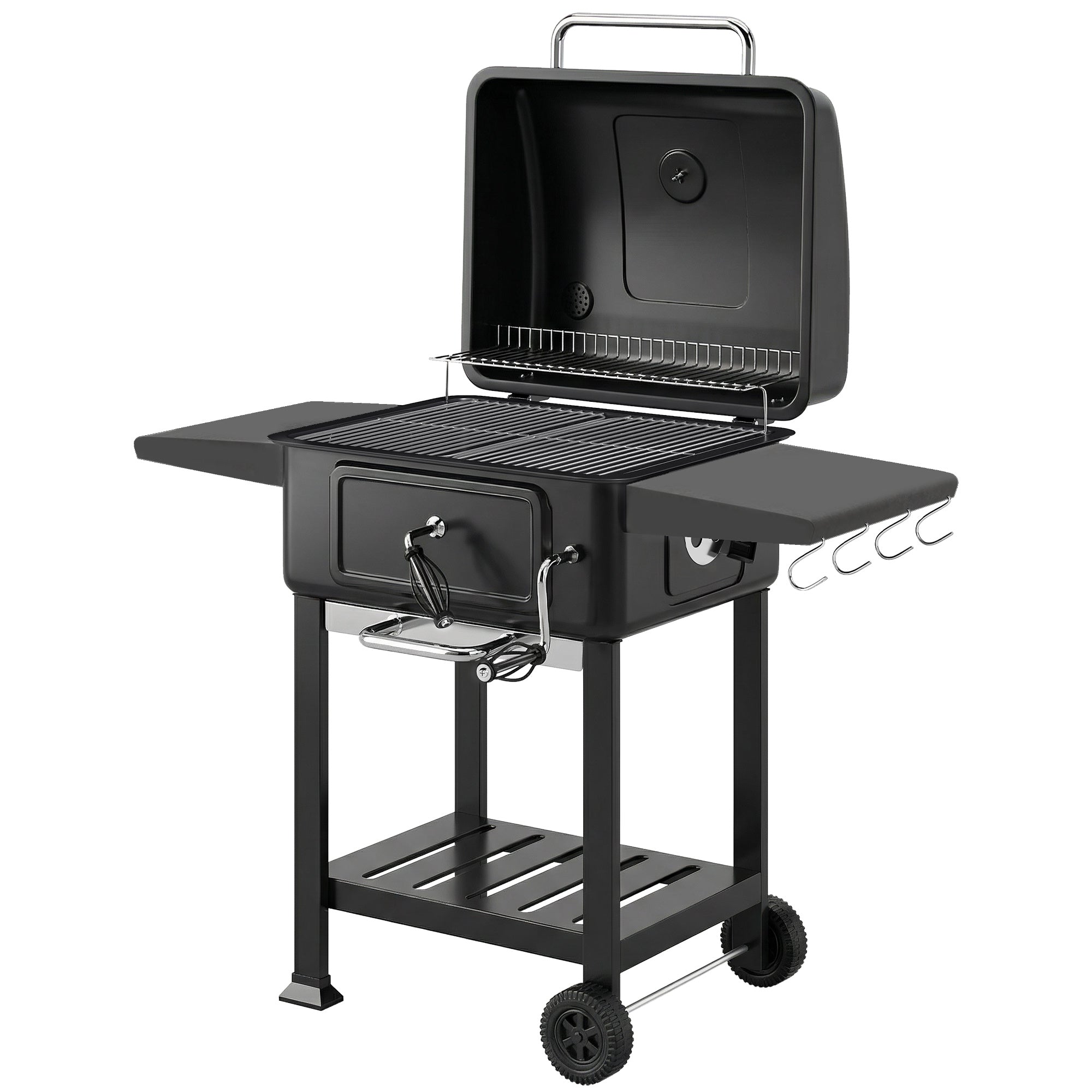Outsunny Charcoal BBQ Grill with Adjustable Charcoal Pan, Large Barbecue Grill Smoker with Side Tables, Temperature for Outdoor