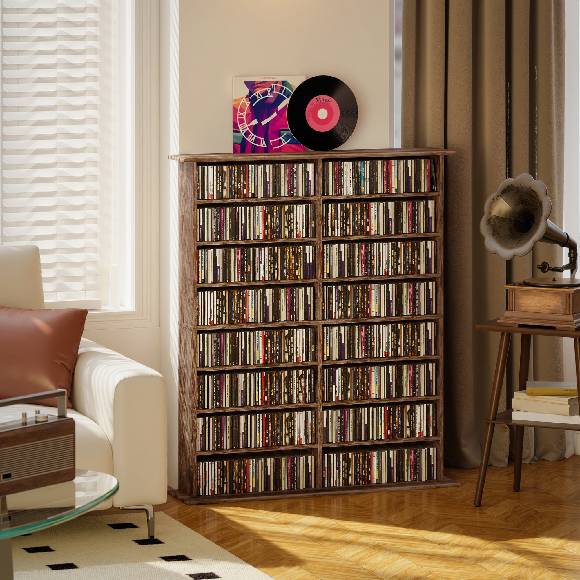 HOMCOM 16-Compartment Media Shelf - Rustic Brown