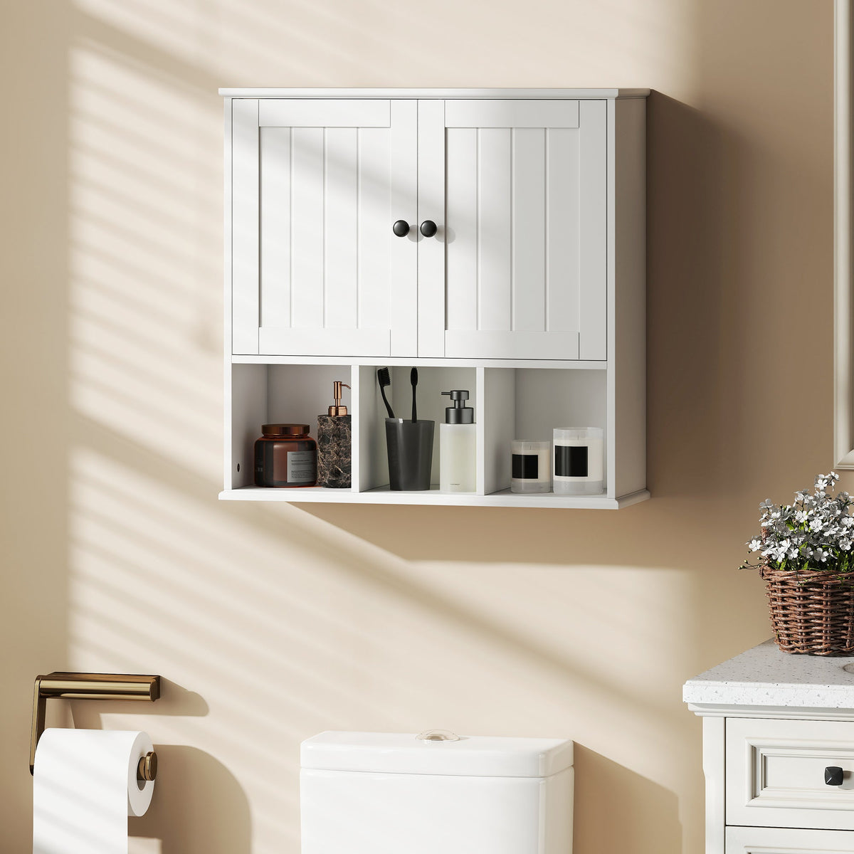 HOMCOM Farmhouse Bathroom Wall Cabinet, Wall Mounted Medicine Cabinet with Adjustable Shelf, Open Compartments, White