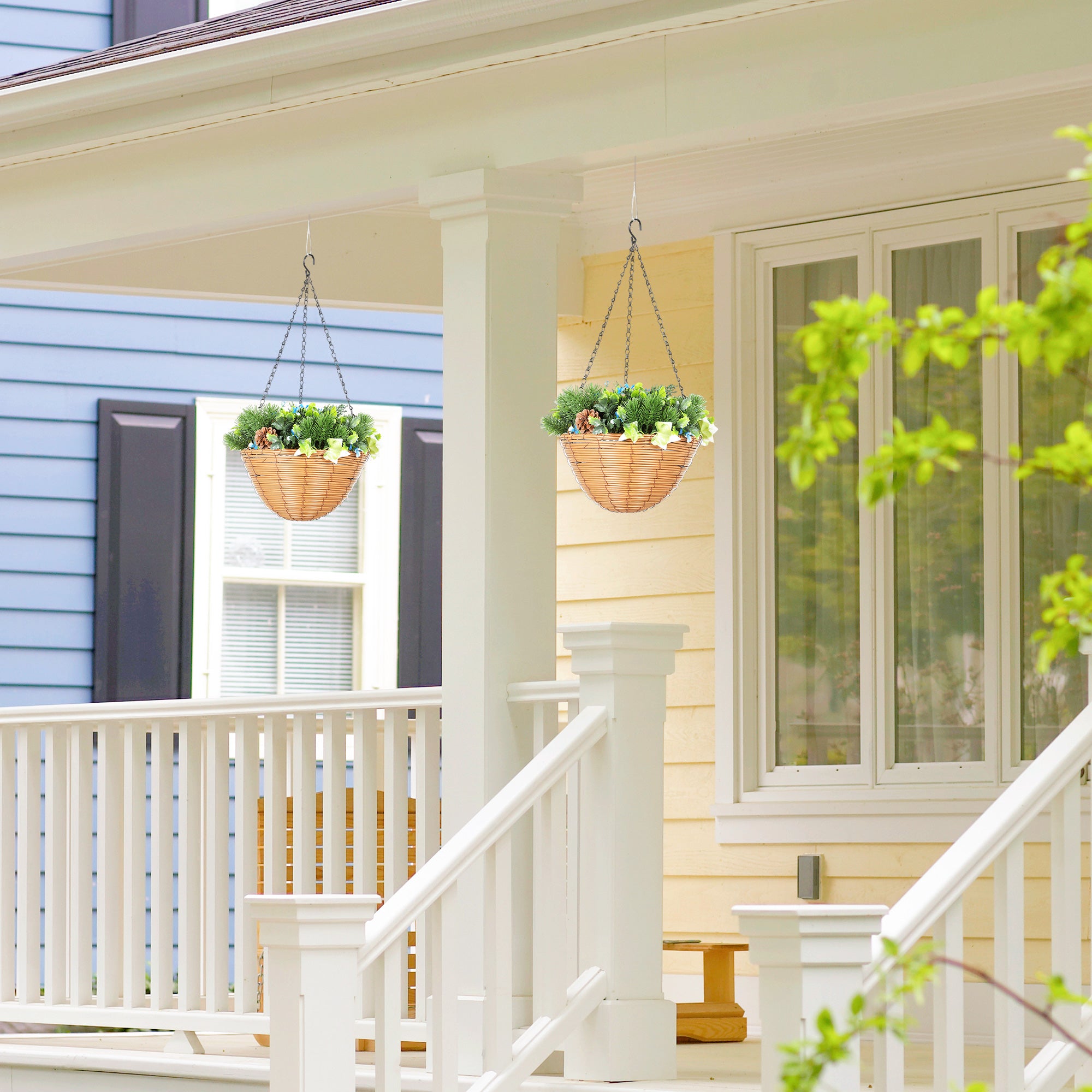 HOMCOM Artificial Flowers in Basket Set of 2, Artificial Hanging Baskets with PE Leaves, 18 Flowers and 3 Pinecones in Pot, Decorative Faux Plant for Home Office Decor, Green