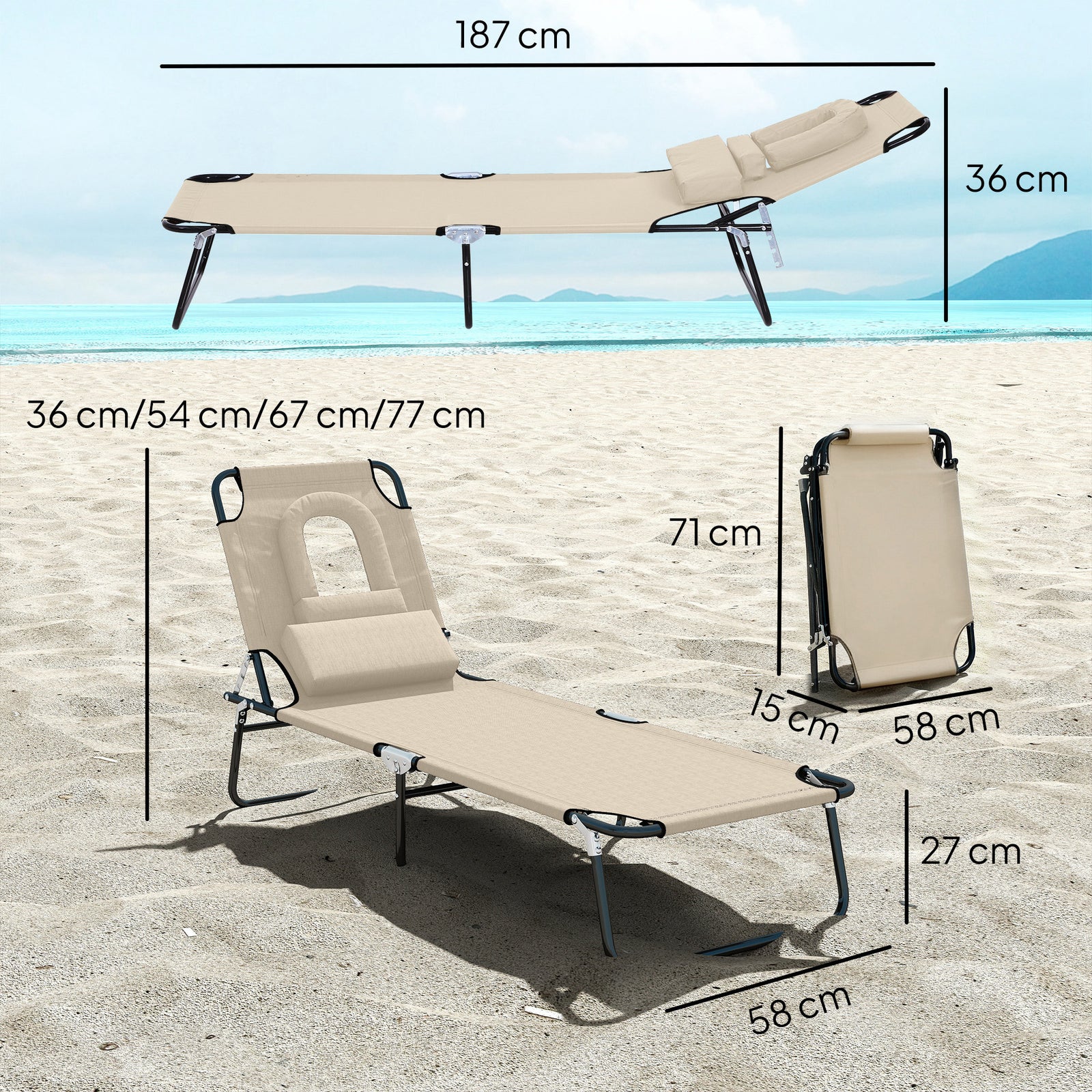 Outsunny Folding Sun Lounger with Face Hole, 4-Position Adjustable Backrest Garden Recliner Chair Sunbed, Outdoor Lounge Chair with 600 D Oxford Cloth Seat, Pillow for Beach, Beige