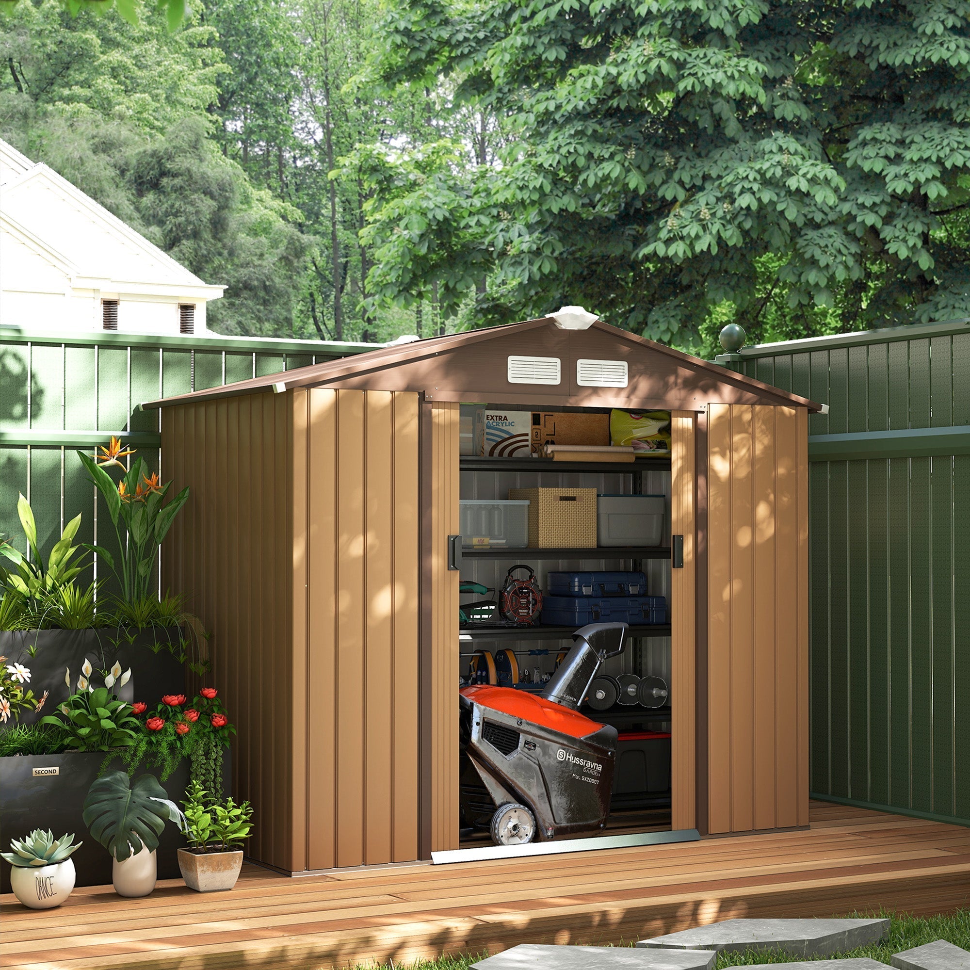 Outsunny 7 x 4ft Lockable Metal Garden Tool Storage Shed, Outdoor Storage Shed with Foundation and vents, Light Brown