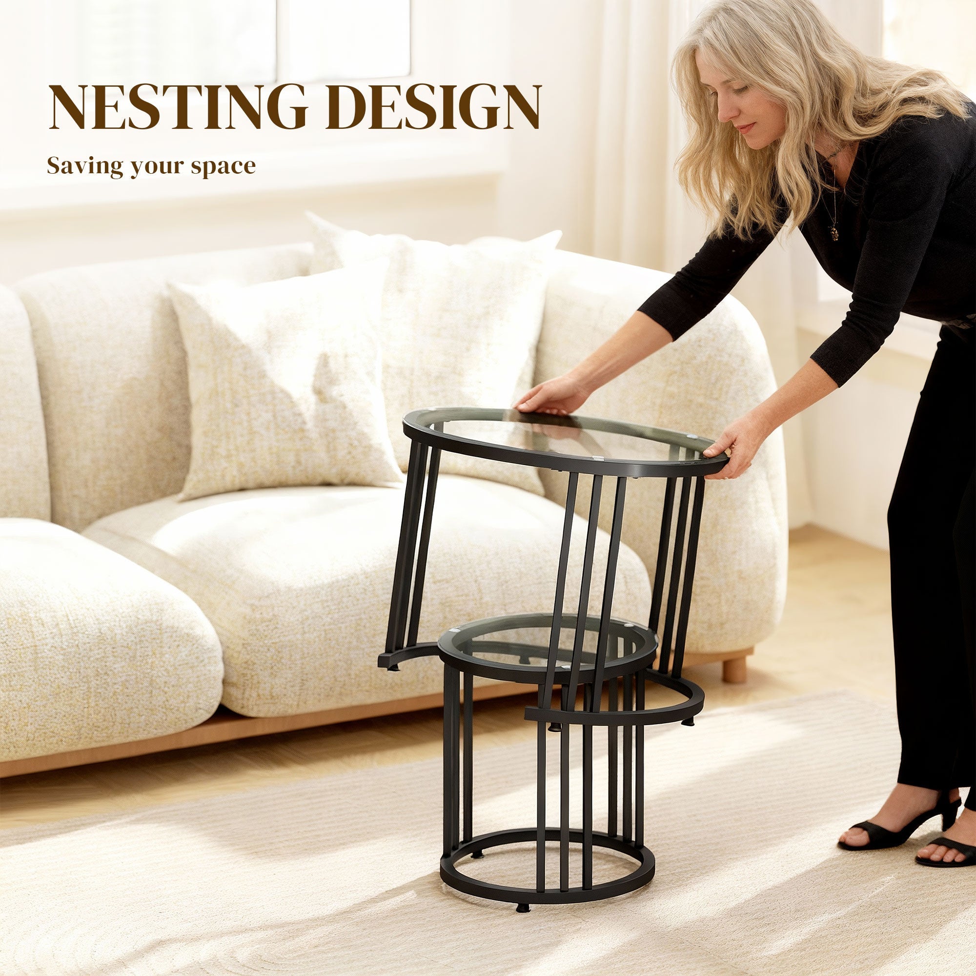 HOMCOM Round Coffee Tables Set of 2, Nesting Tables with Tempered Glass Top and Steel Frame, Black