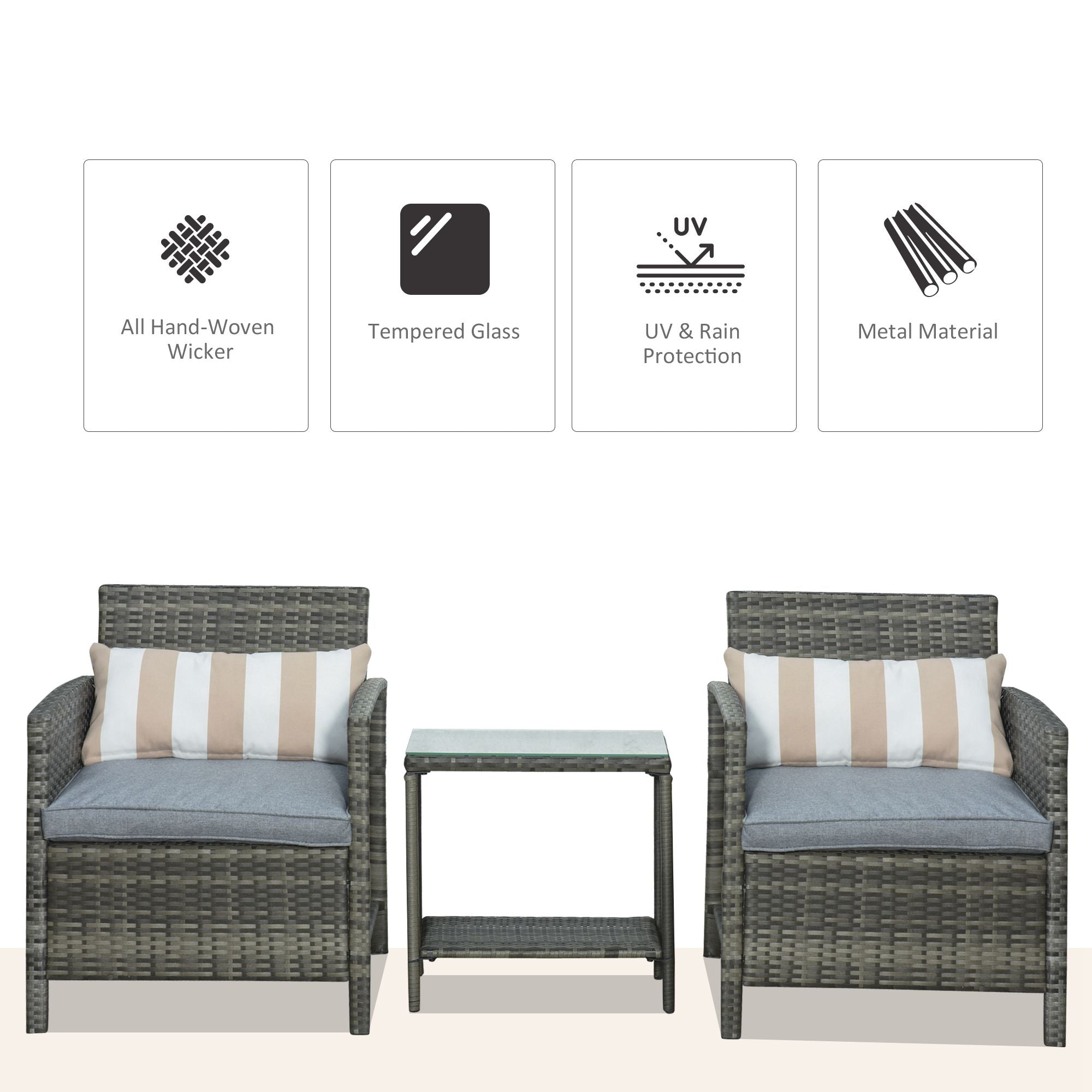 Outsunny 3 Pieces Rattan Bistro Set, Wicker Garden Furniture Set, Glass Top 2-tier Coffee Table and Chairs Set with Pillows and Washable Cushions for Outdoor, Patio, Balcony, Grey