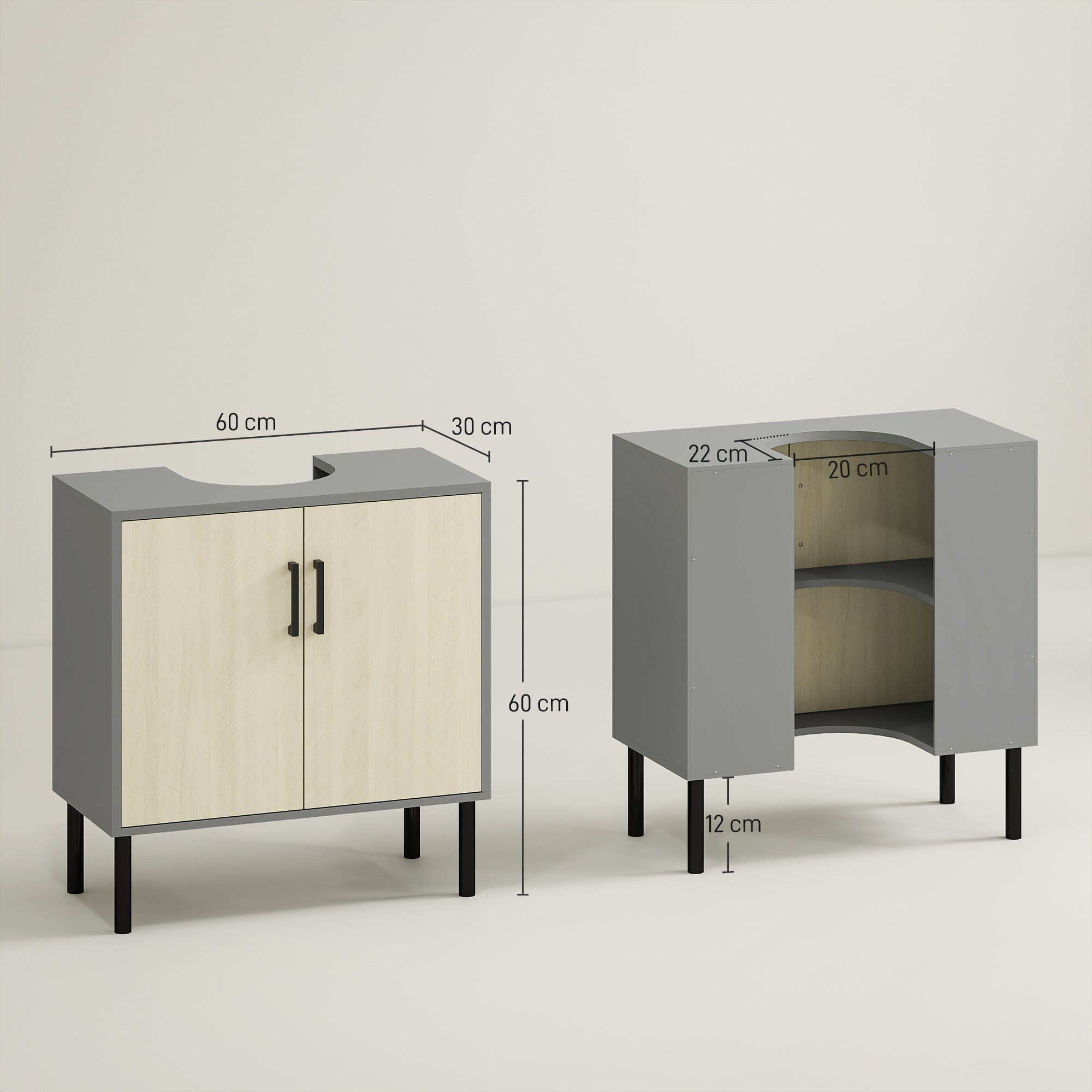 kleankin Under Sink Cabinet, Bathroom Vanity Unit, Storage Cupboard with Double Doors and Storage Shelves, 60x30x60cm, Natural