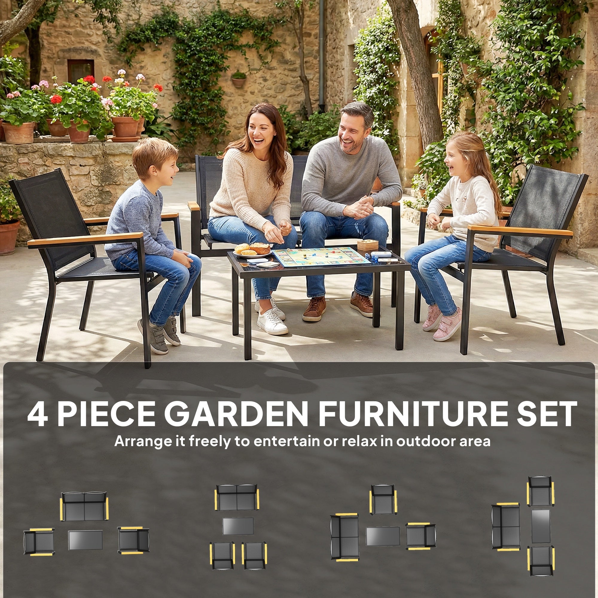Outsunny Outdoor Sofa 4 Seater Garden Sofa Set with Loveseat 2 Chairs and Coffee Table Black