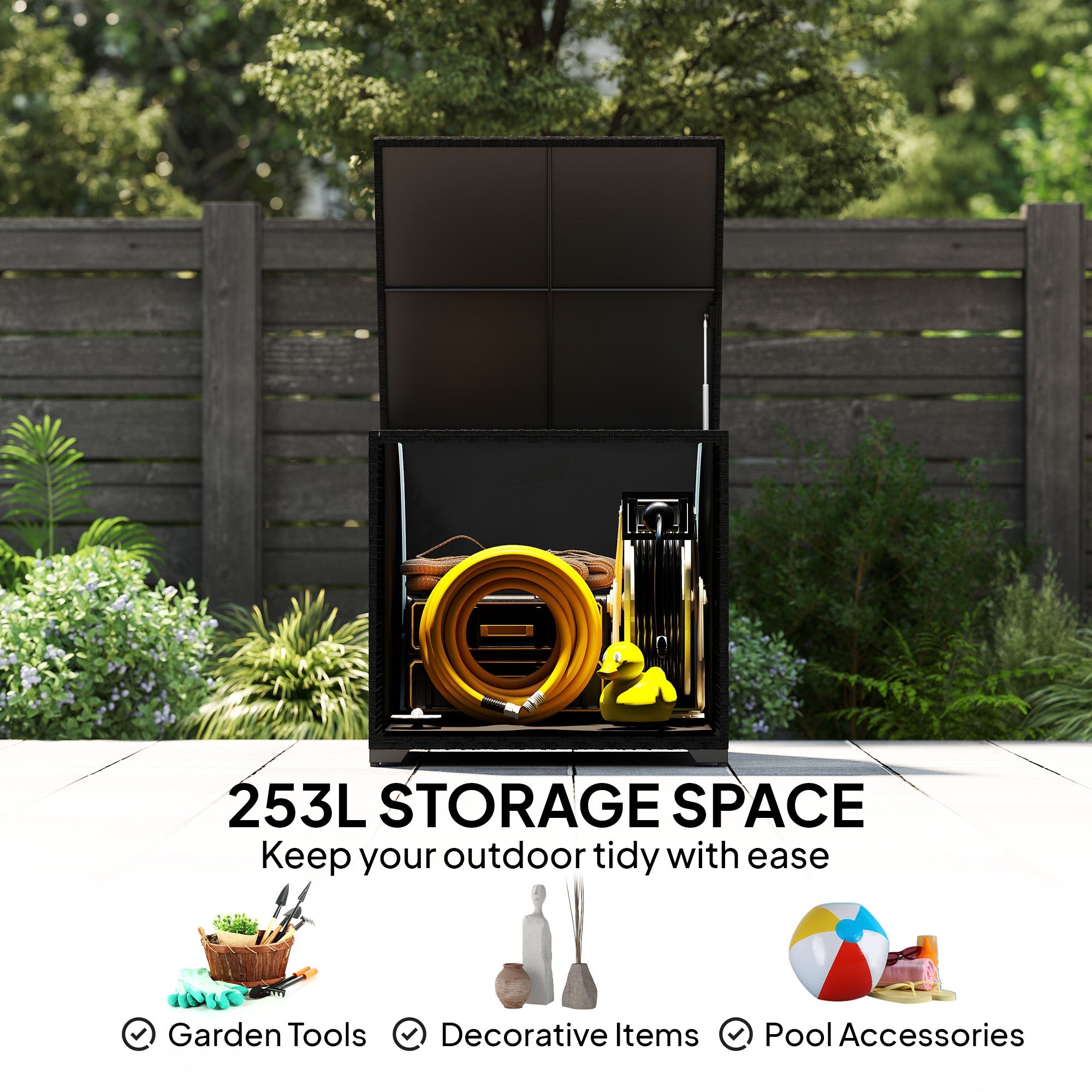 Outsunny 253L Garden Storage Box, Rattan Deck Box with Zipped Liner, Safe Pneumatic Rod, Patio Storage Container, Black