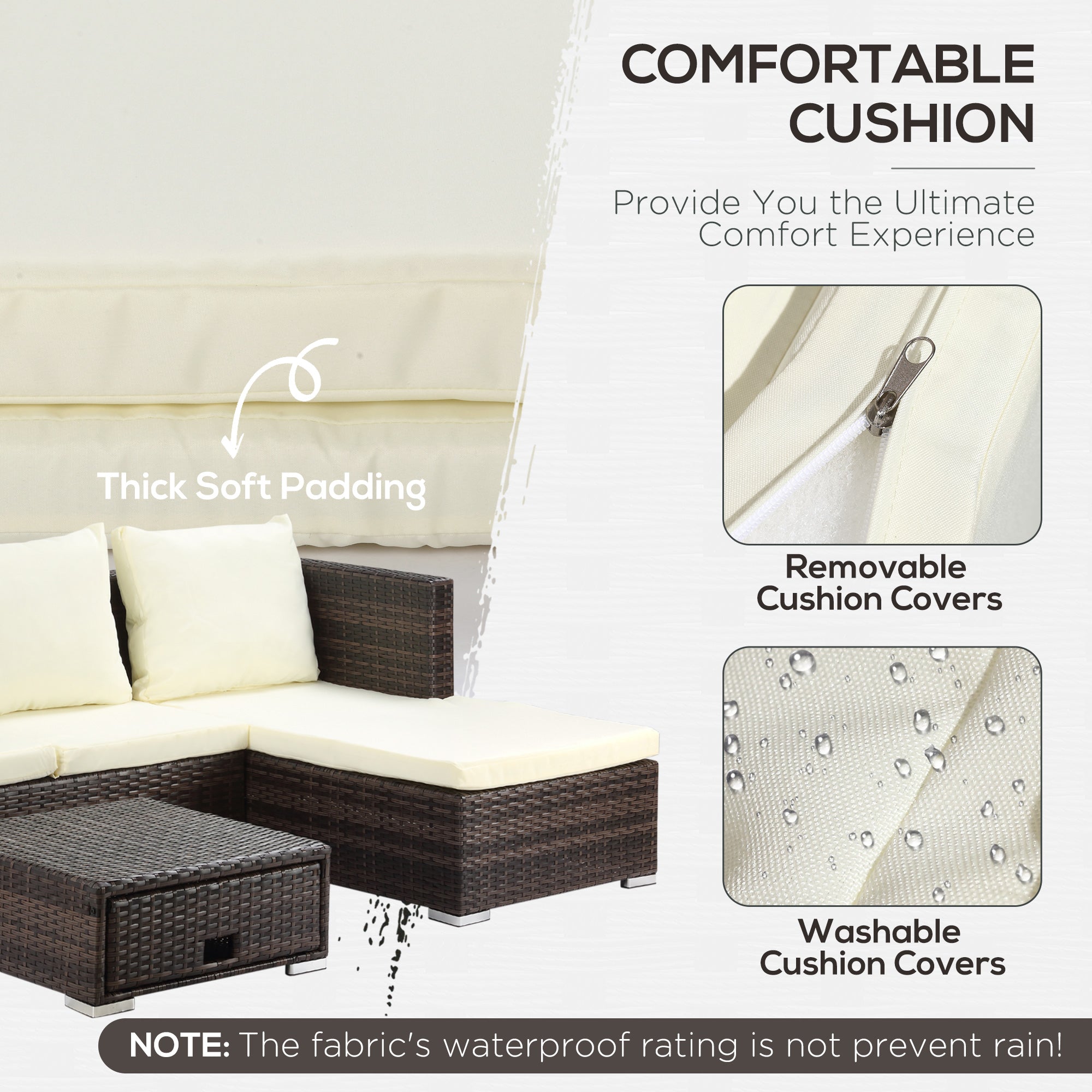 Outsunny 3 Pieces Rattan Garden Furniture Sofa Set, 4 Seater Garden Corner Sofa with 5-Level Reclining Sun Lounger and Storage Coffee Table, Outdoor Furniture Conservatory Set with Cushions, Brown