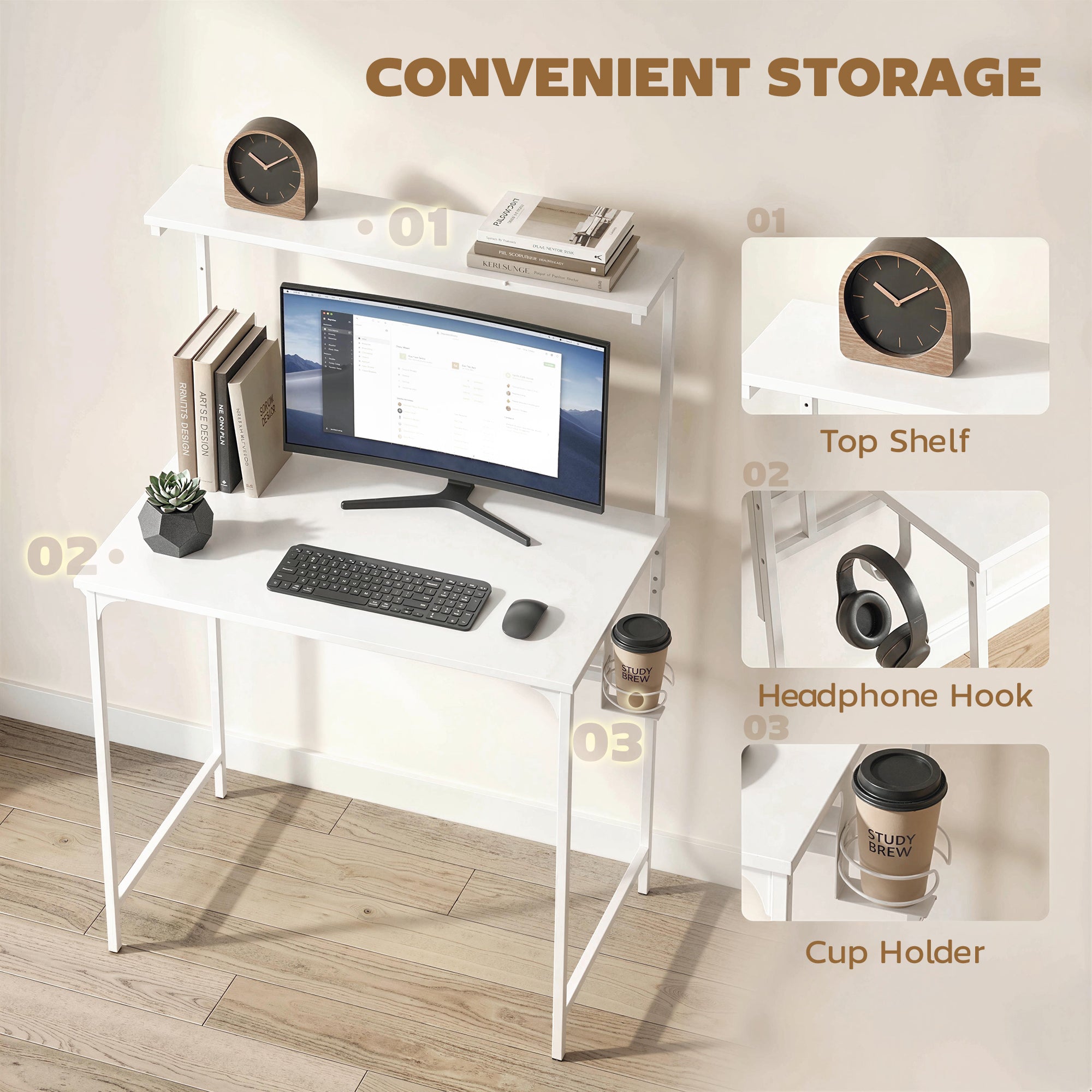 HOMCOM Computer Desk, 80cm Home Office Study Table with Hutch Shelf, Cup Holder, Headphone Hook, White
