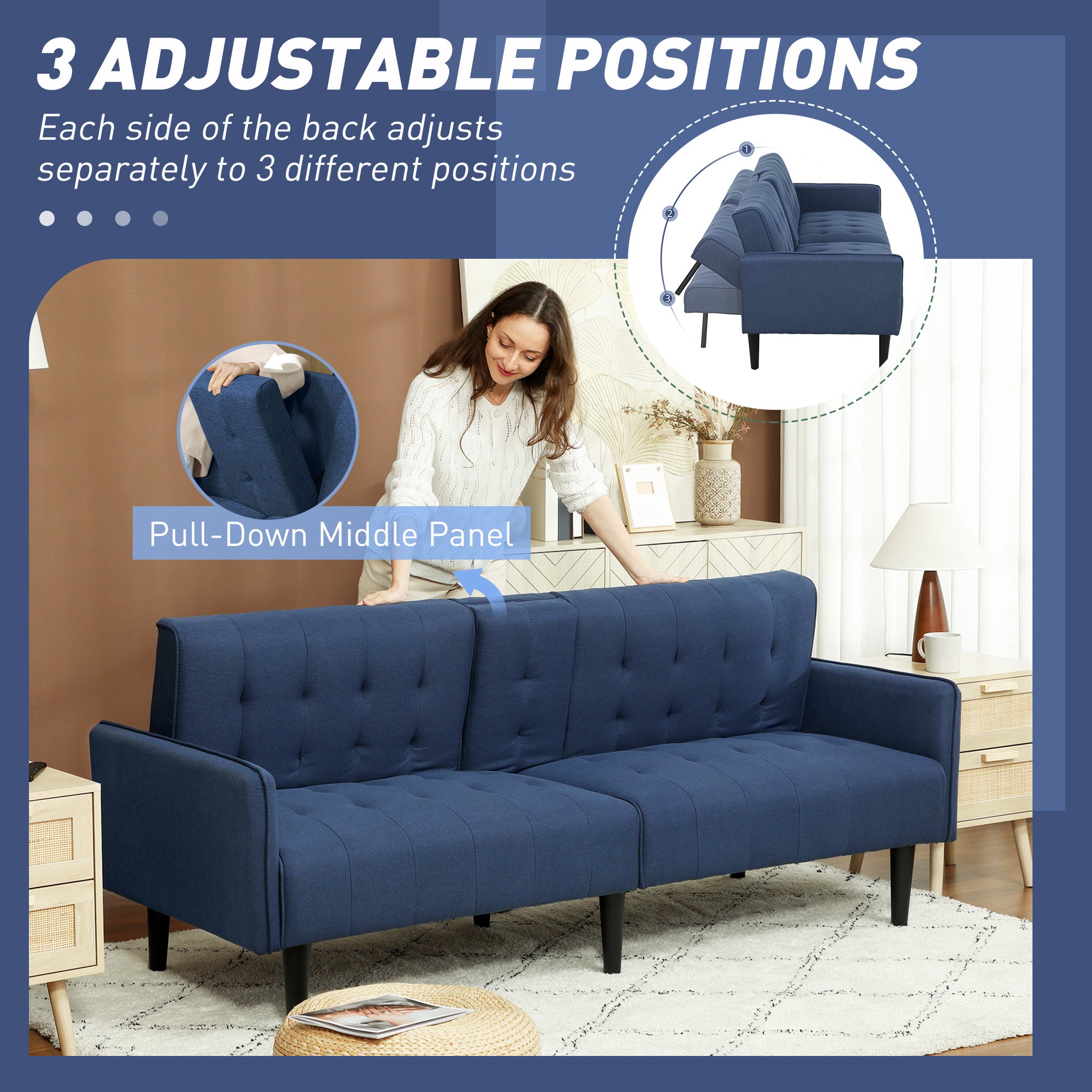 HOMCOM Three-Seater Sofa Bed, with Cupholders - Dark Blue
