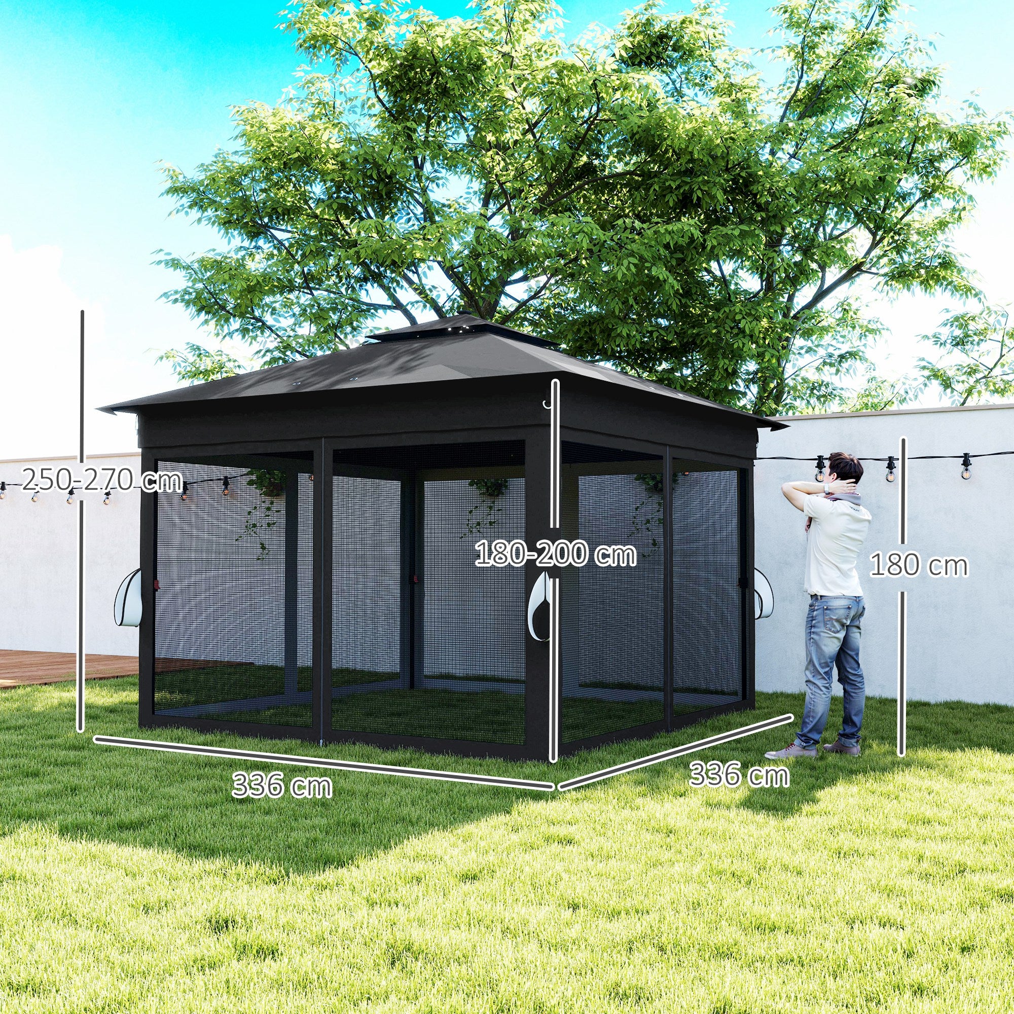 Outsunny 3 x 3(m) Pop Up Gazebo Party Tent with Solar-Powered LED Lights, Adjustable Event Shelter with Netting, Black