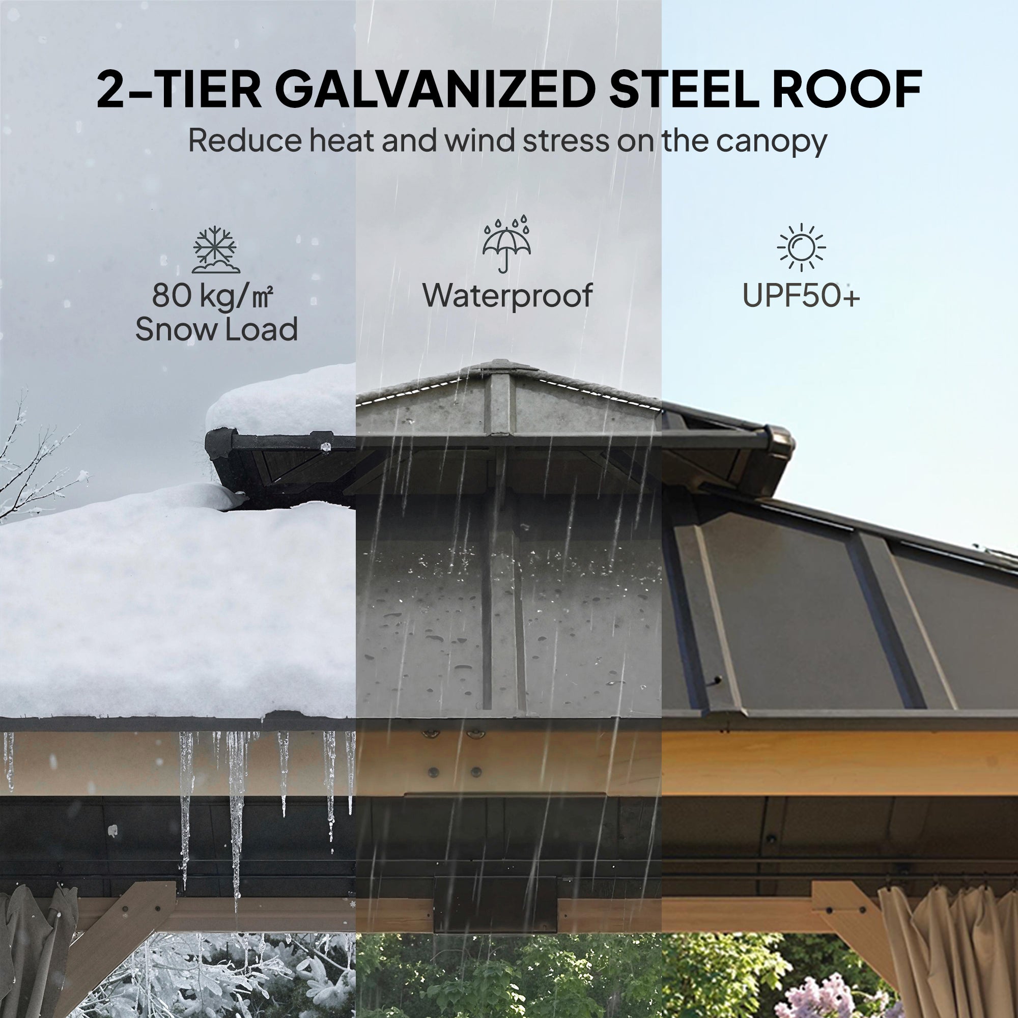 Outsunny 3 x 3 m Outdoor Hardtop Gazebo Canopy with 2-Tier Steel Roof, Wood Garden Gazebo with Curtains, Grey