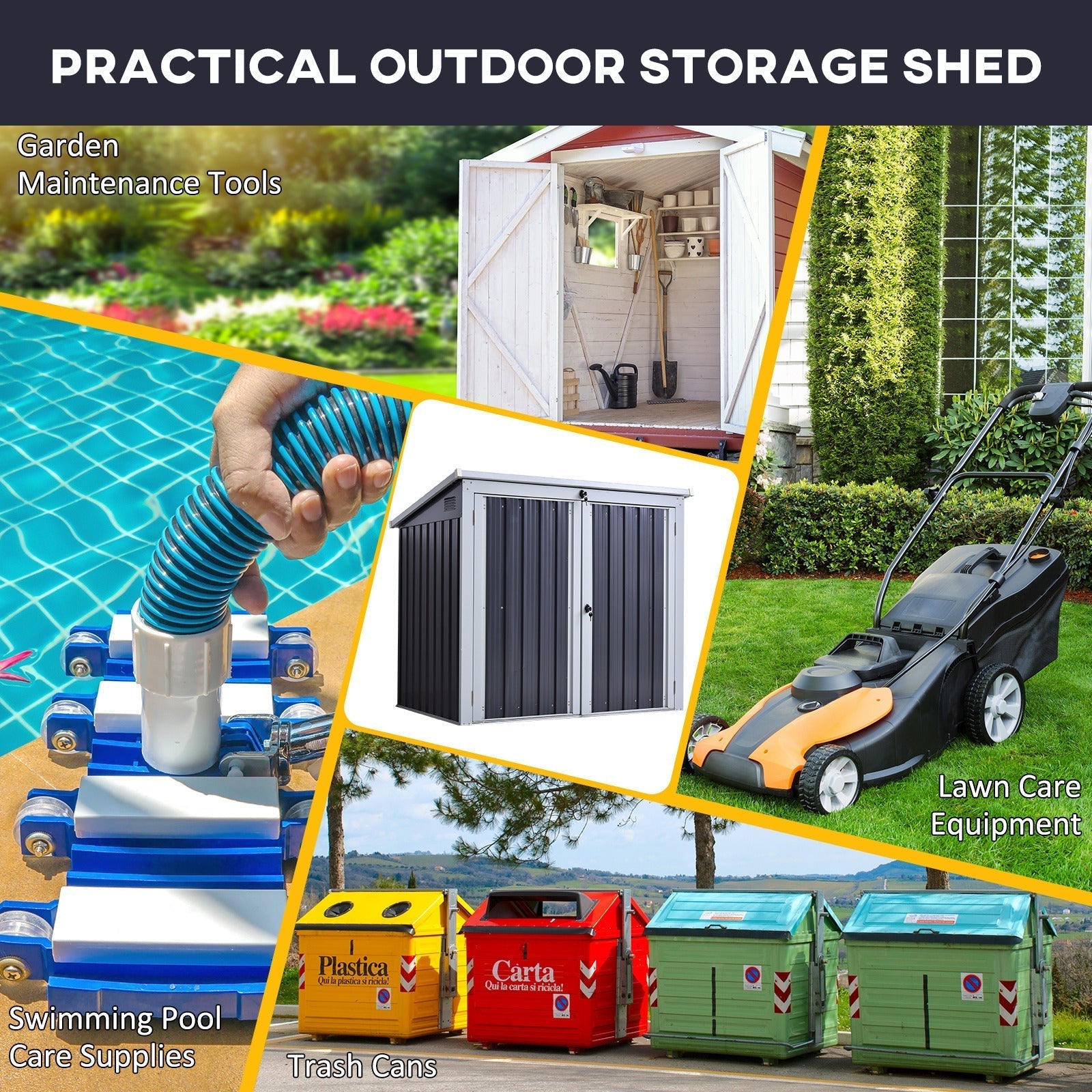 Outsunny 3.2 x 5.1ft Corrugated Steel Two-Bin Storage Shelter - Black